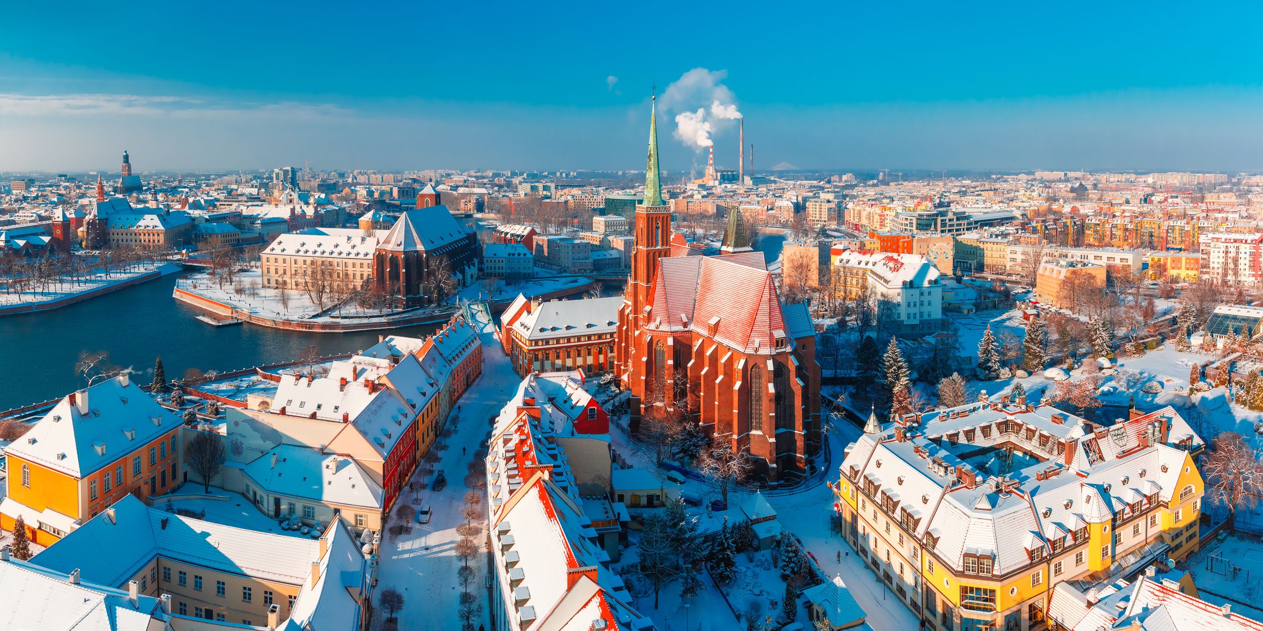 Aerial scenic panorama of Old Town and Ostrow Tumski with church of th
