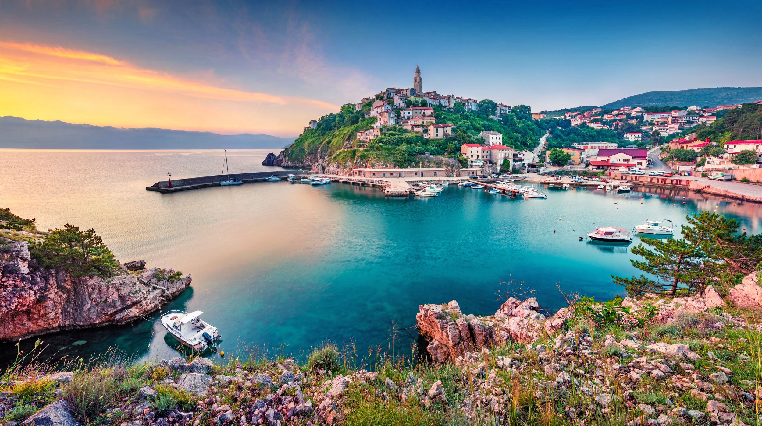 Exciting morning cityscape of Vrbnik town. Colorful summer seascape of