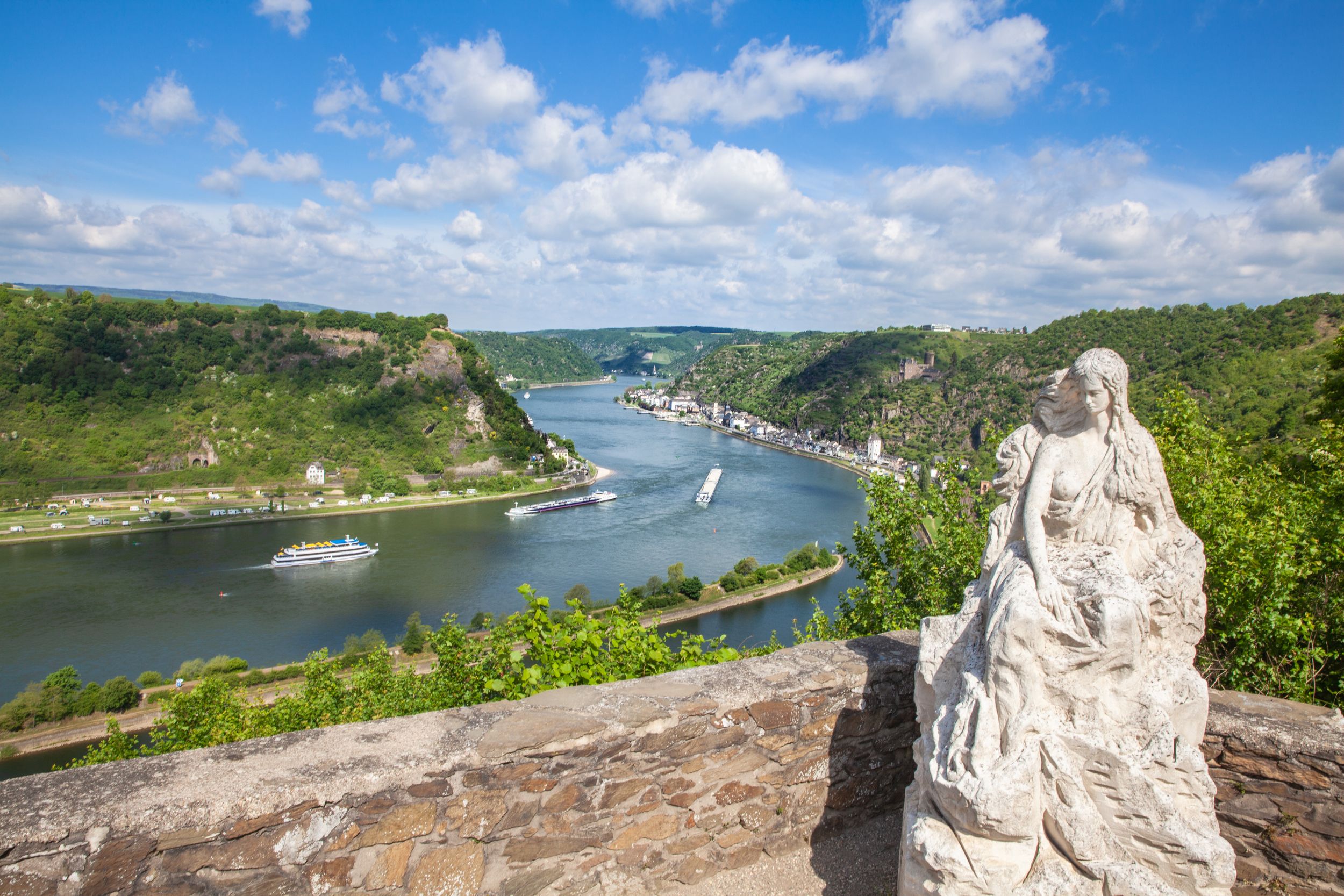 Loreley figure and  Rhine valley Landscape and Sankt Goarshausen view 