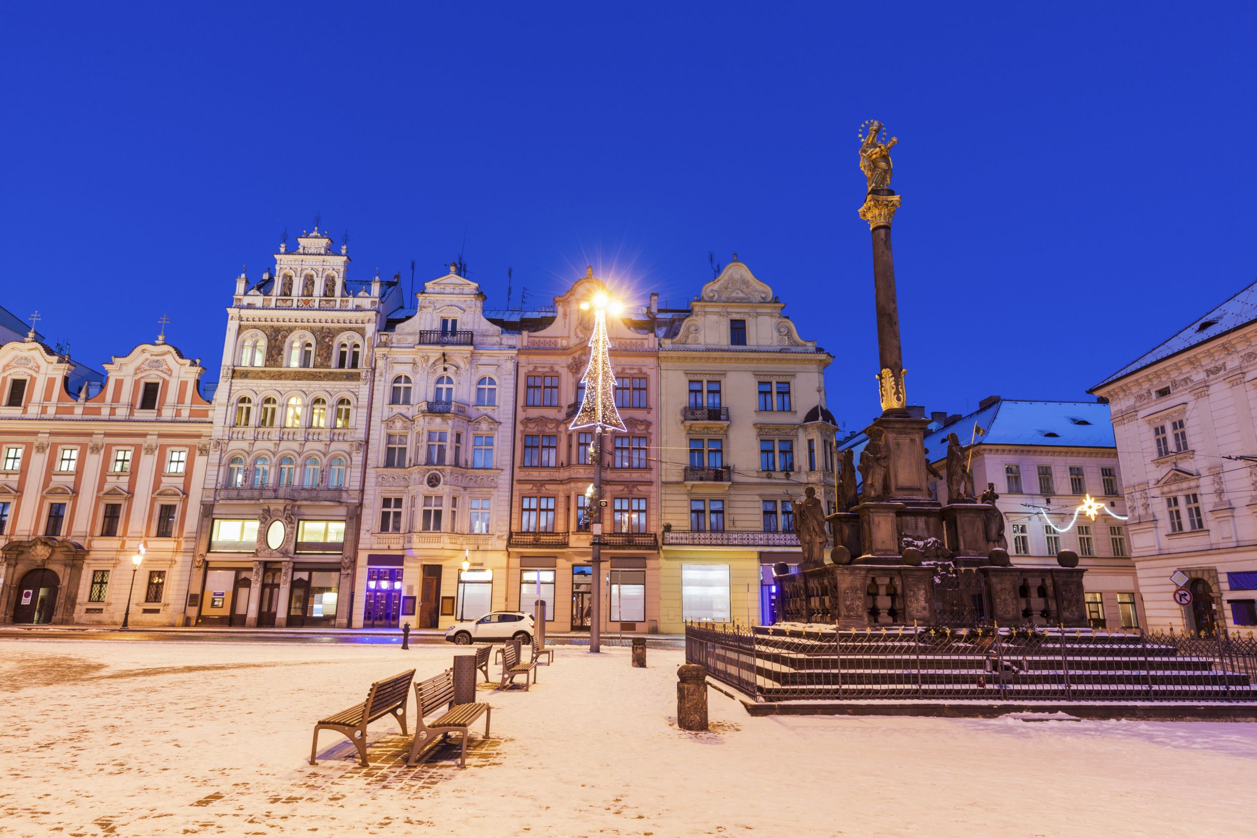 Plaque Pillar on Republic Square in Pilsen. Pilsen, Bohemia, Czech Rep