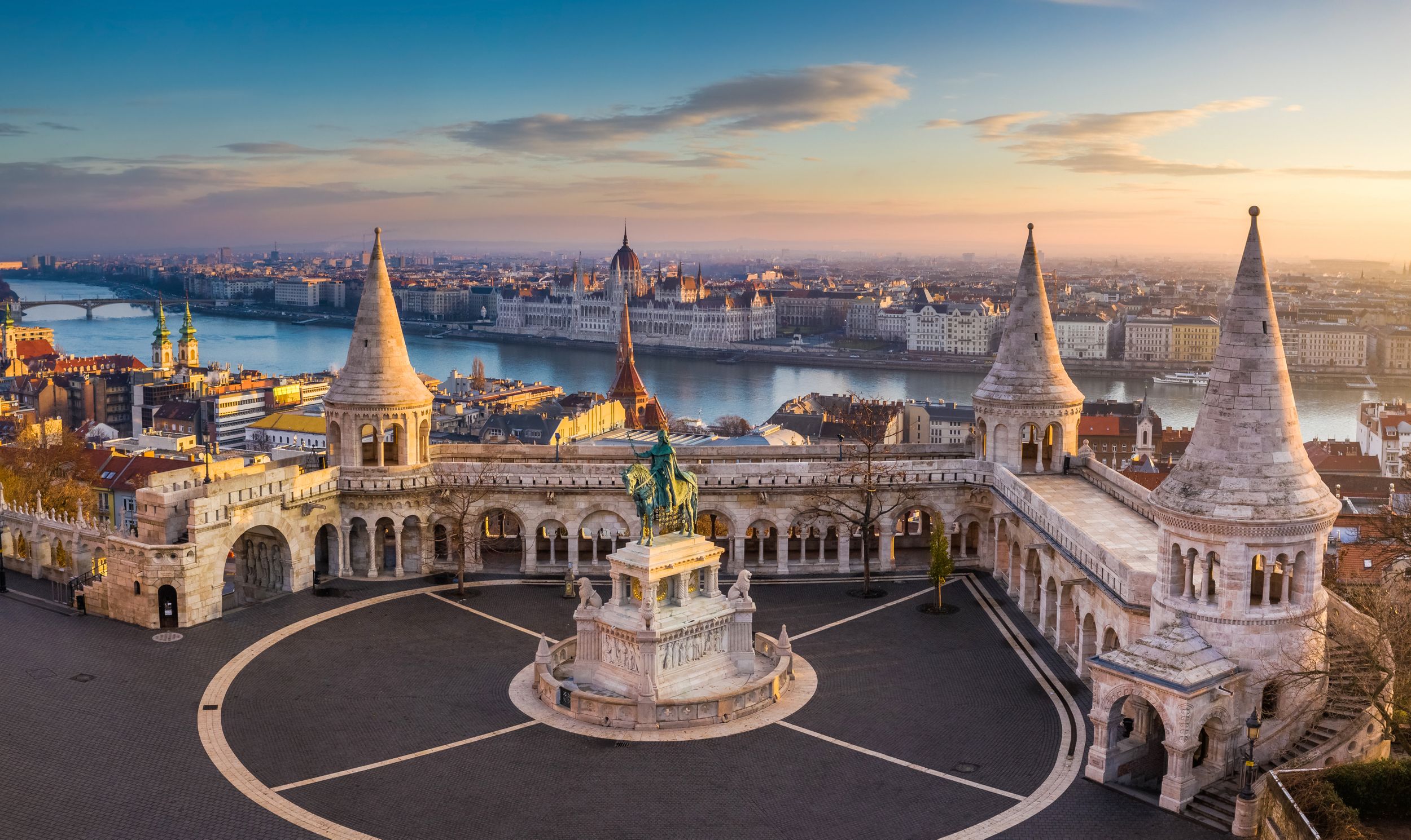 Budapest, Hungary - The famous Fisherman's Bastion at sunrise with sta