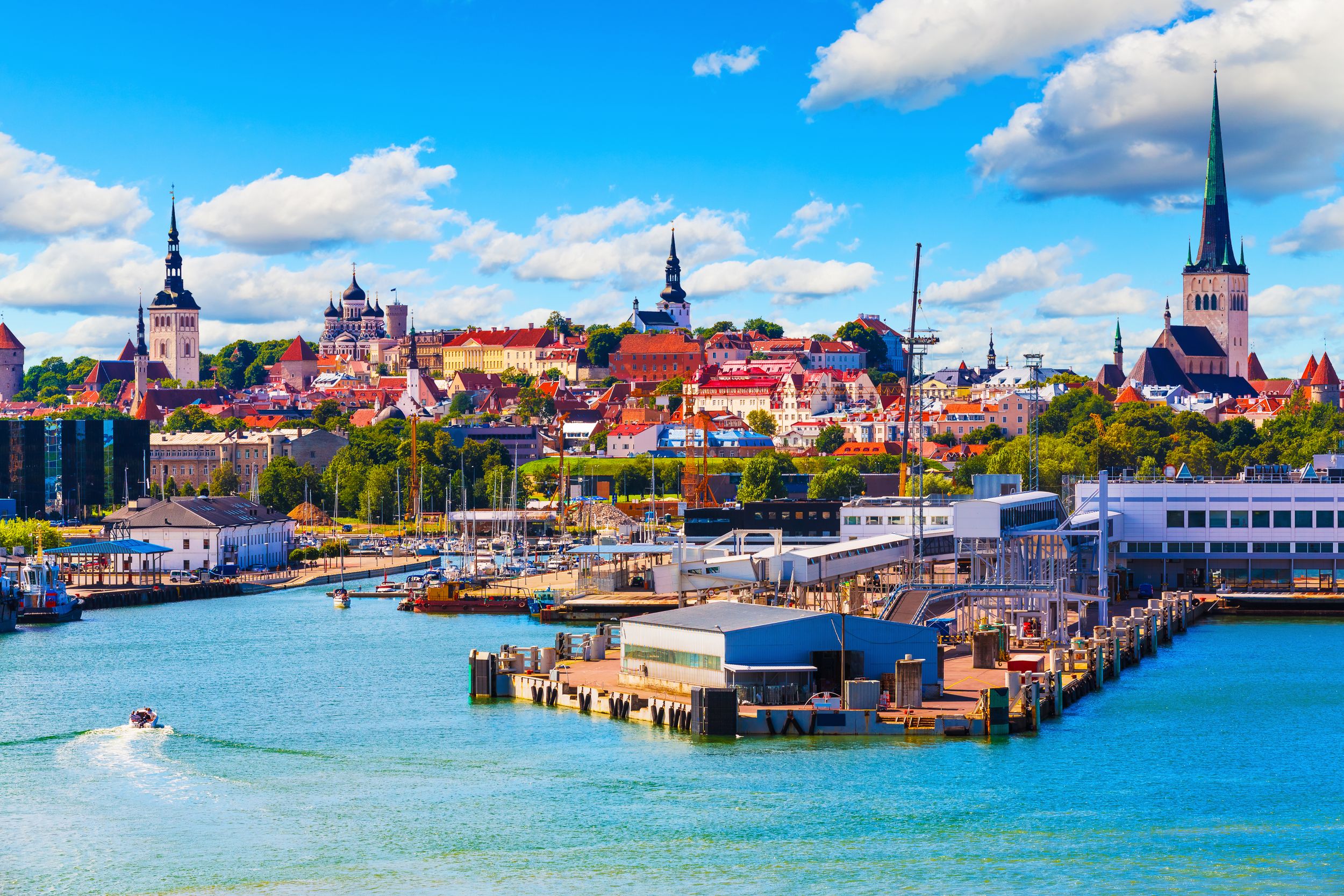 Scenic summer view of the Old Town and sea port harbor in Tallinn, Est