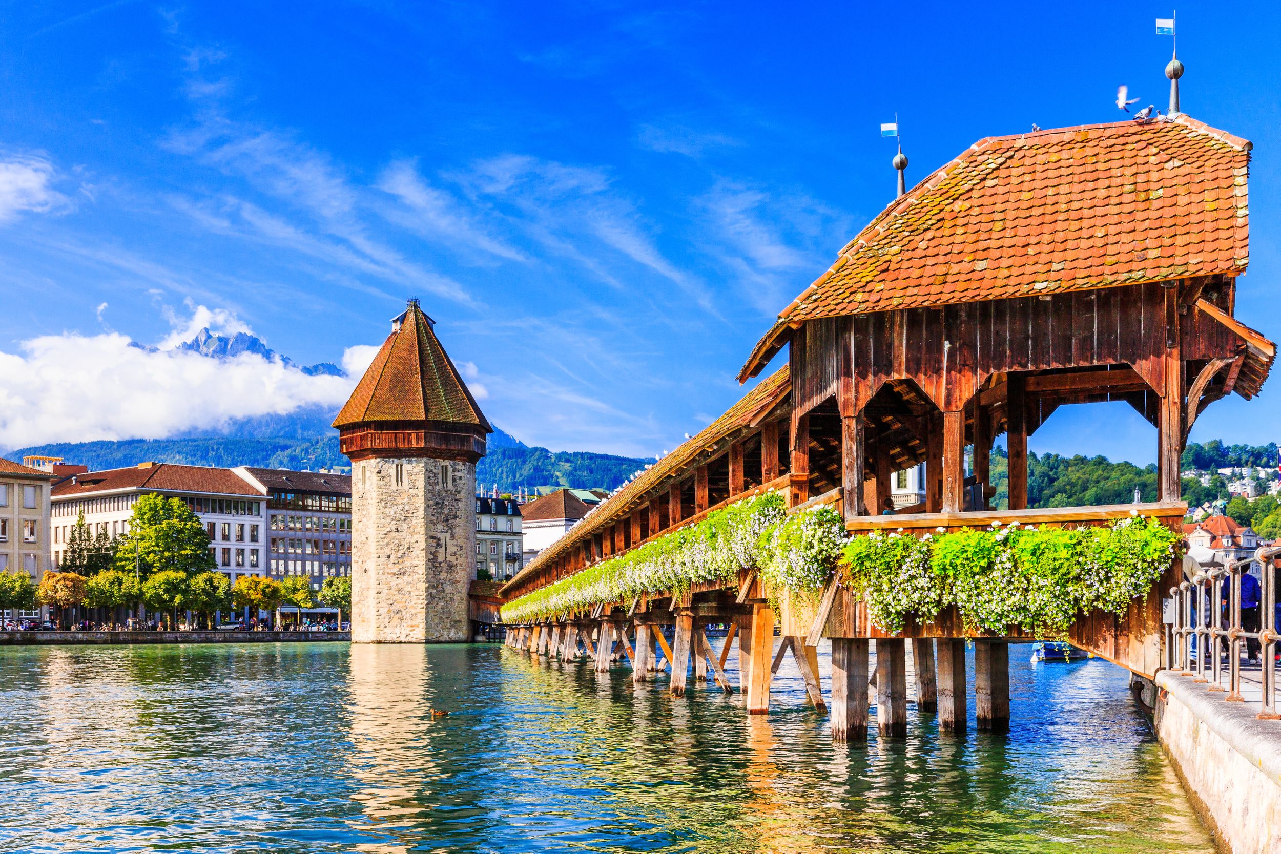 Lucerne, Switzerland. Historic city center with its famous Chapel Brid