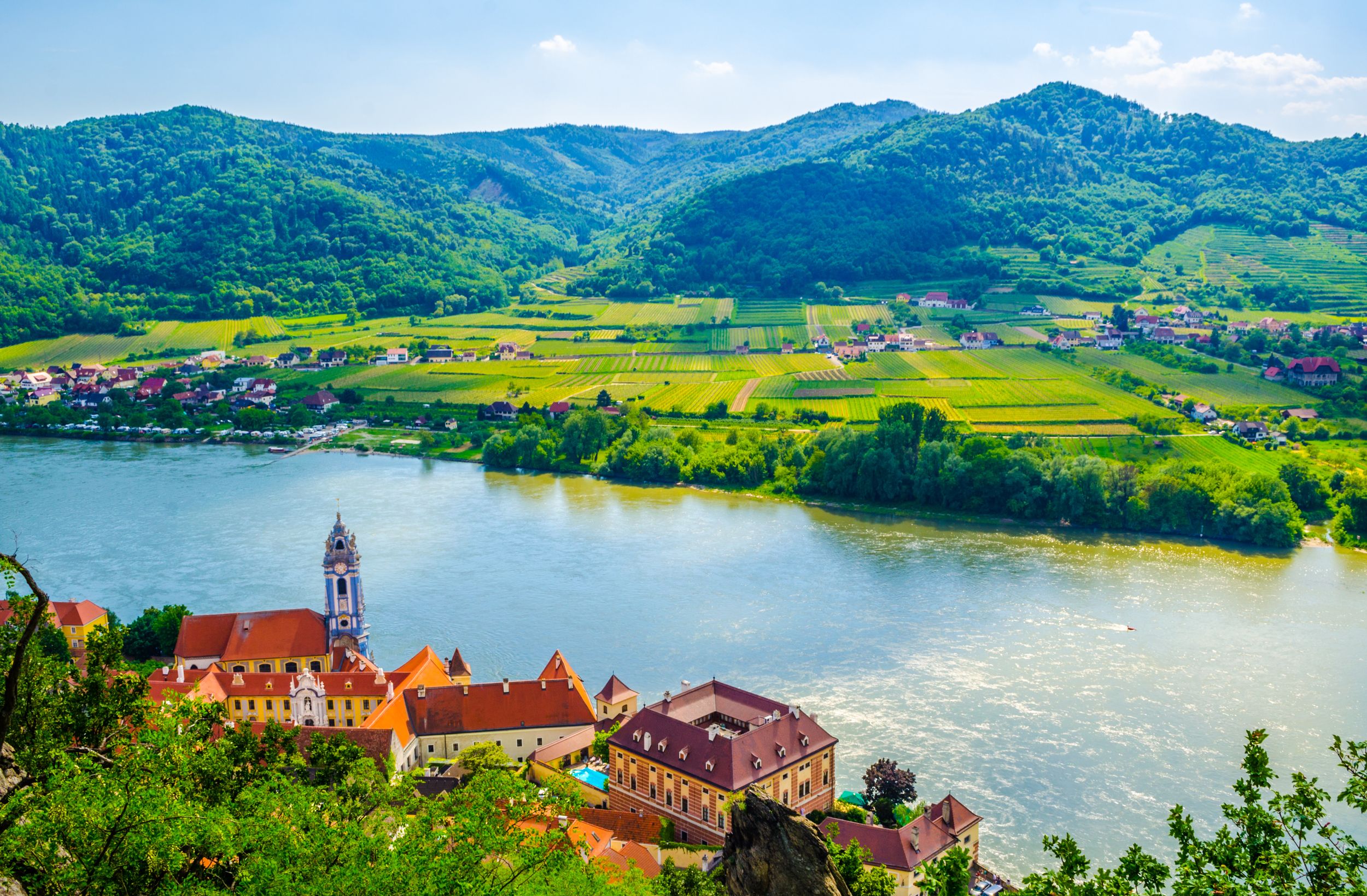 aerial view of Durnstein village situated in wachau valley in Austria