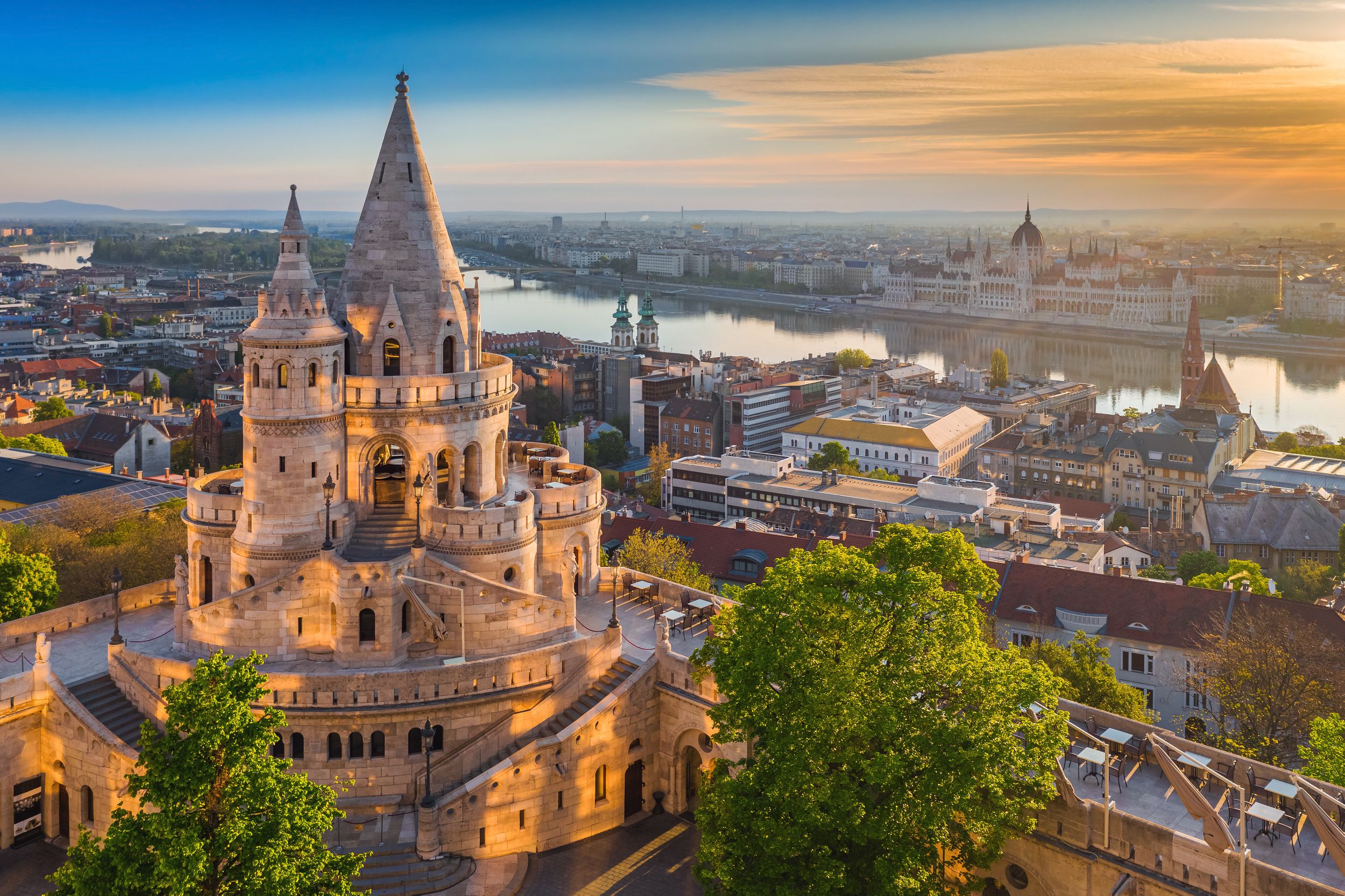 Budapest, Hungary - Beautiful golden summer sunrise with the tower of