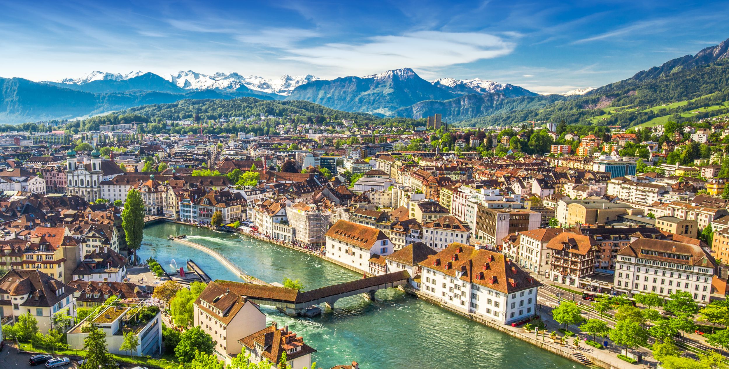 View to Pilatus mountain and historic city center of Luzern, Switzerla