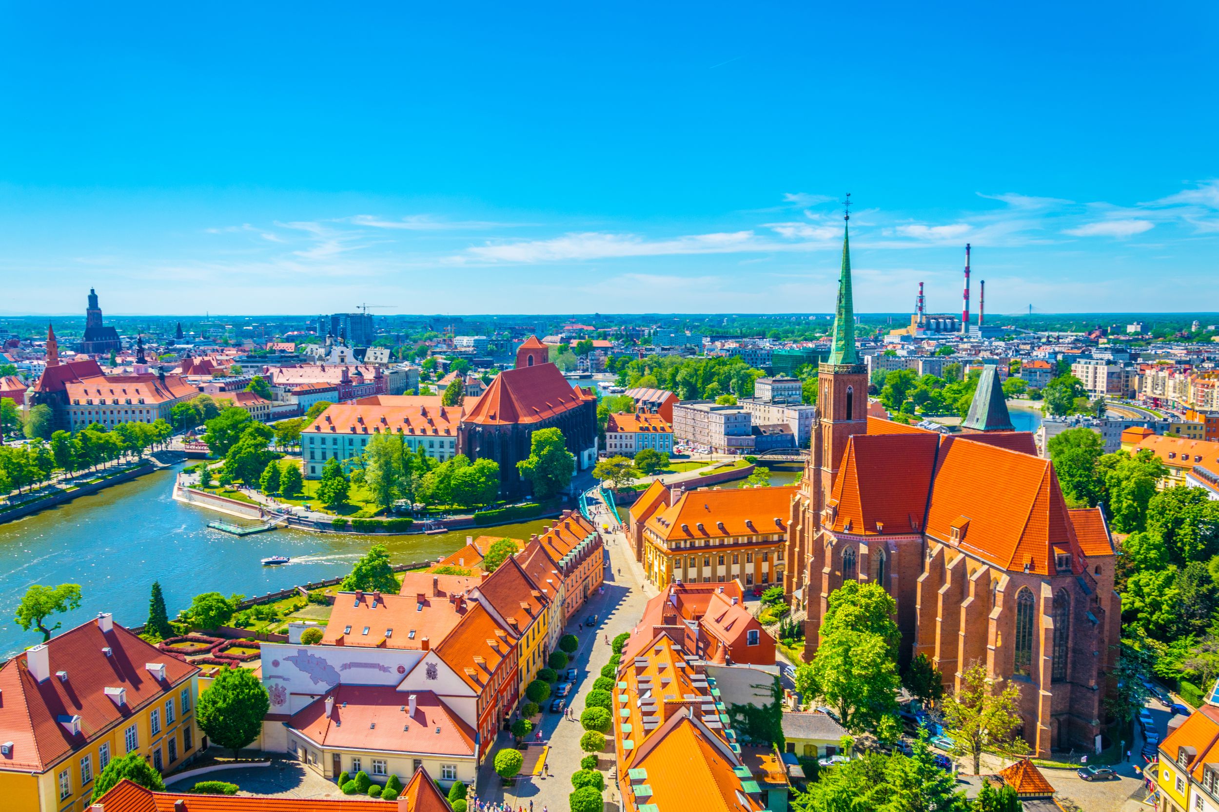 Aerial view of Wroclaw with church of our lady of the sand and church