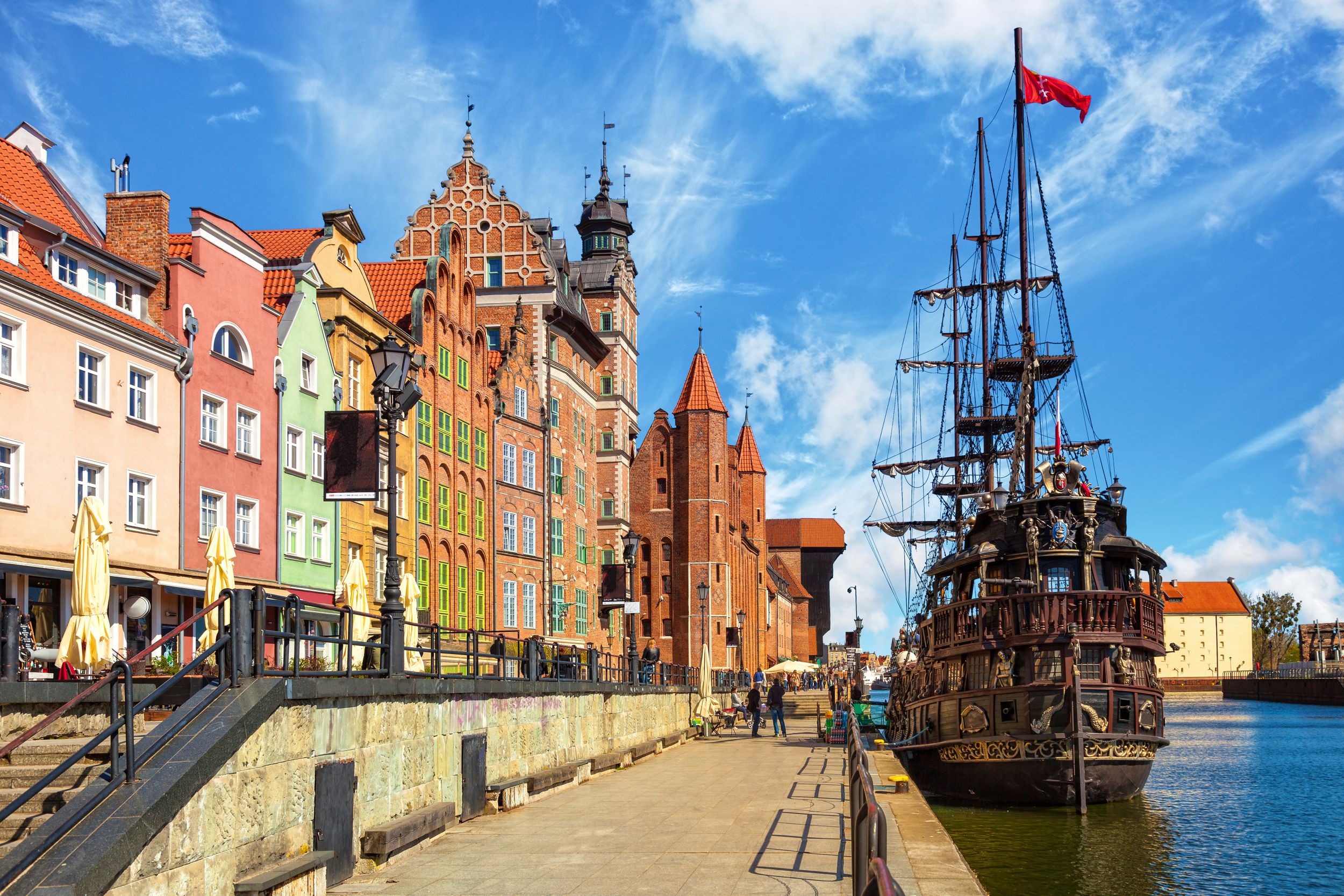 View of the riverside on Old Town by the Motlawa river in Gdansk, Pola
