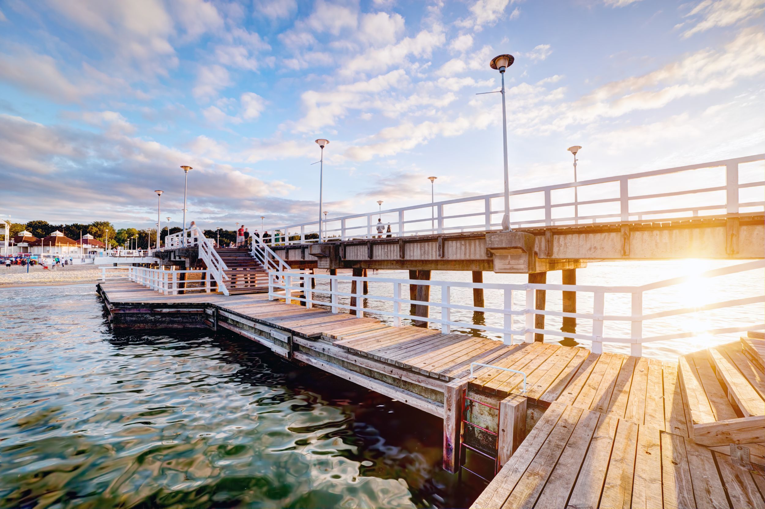 Beautiful retro pier at sunset over Baltic sea. Gdansk Brzezno, Poland