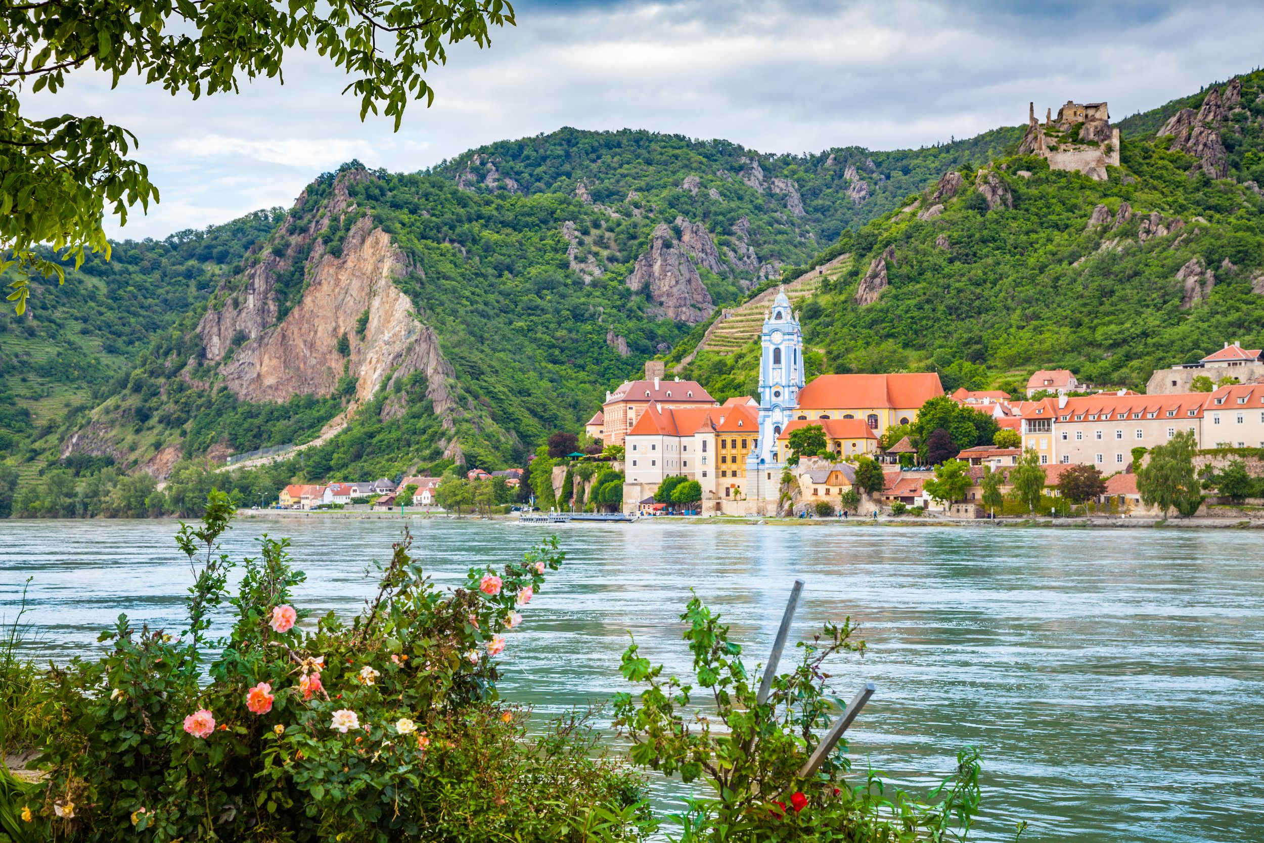 Beautiful landscape with the town of Durnstein and Danube river in the