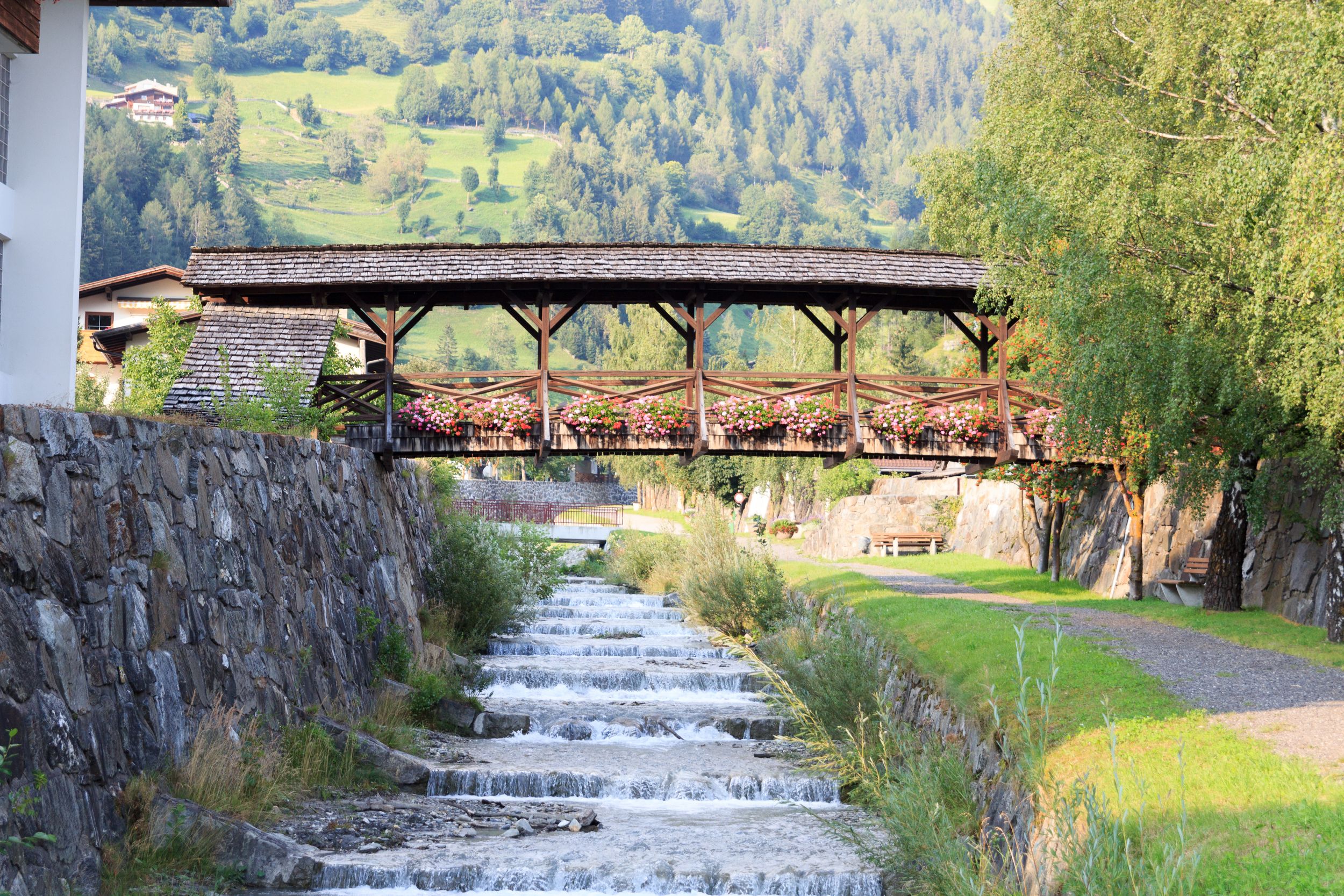Stream Bretterwandbach with bridge in Matrei in Osttirol, Austria