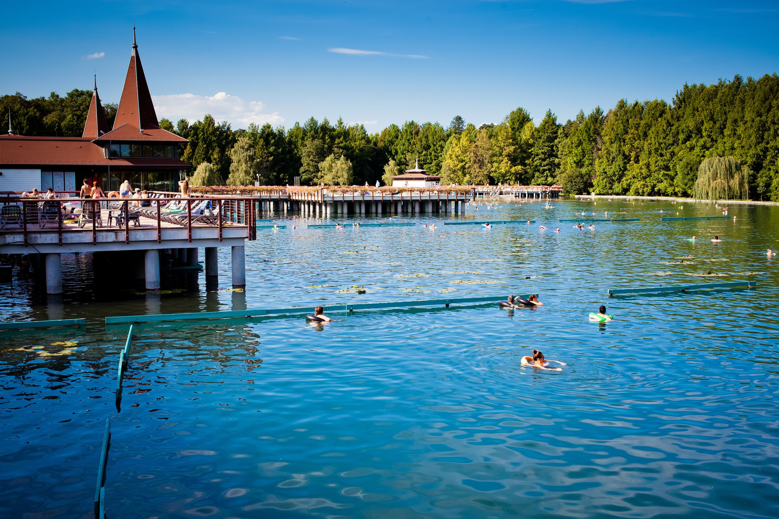 HEVIZ, HUNGARY - 18 AUGUST, 2018: People bathing in lake Heviz in Hung