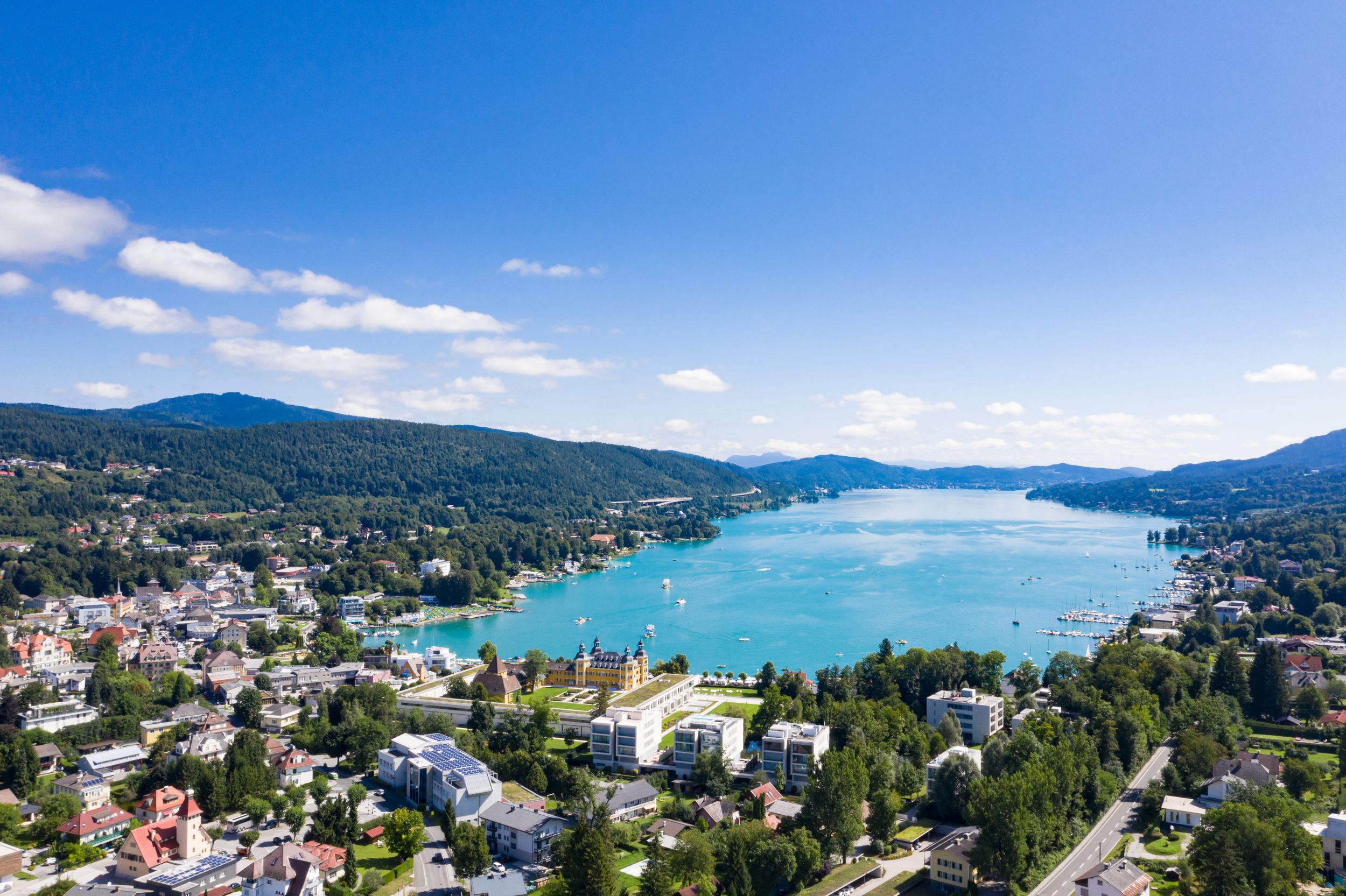 Velden village view at the beautiful lake Wörthersee in Carinthia, Aus