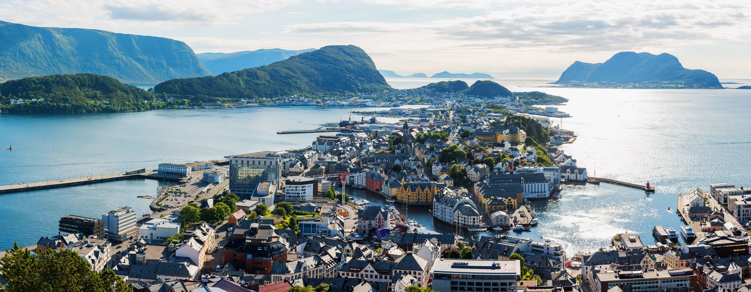 Picturesque panorama of Alesund port town on western coast of Norway.