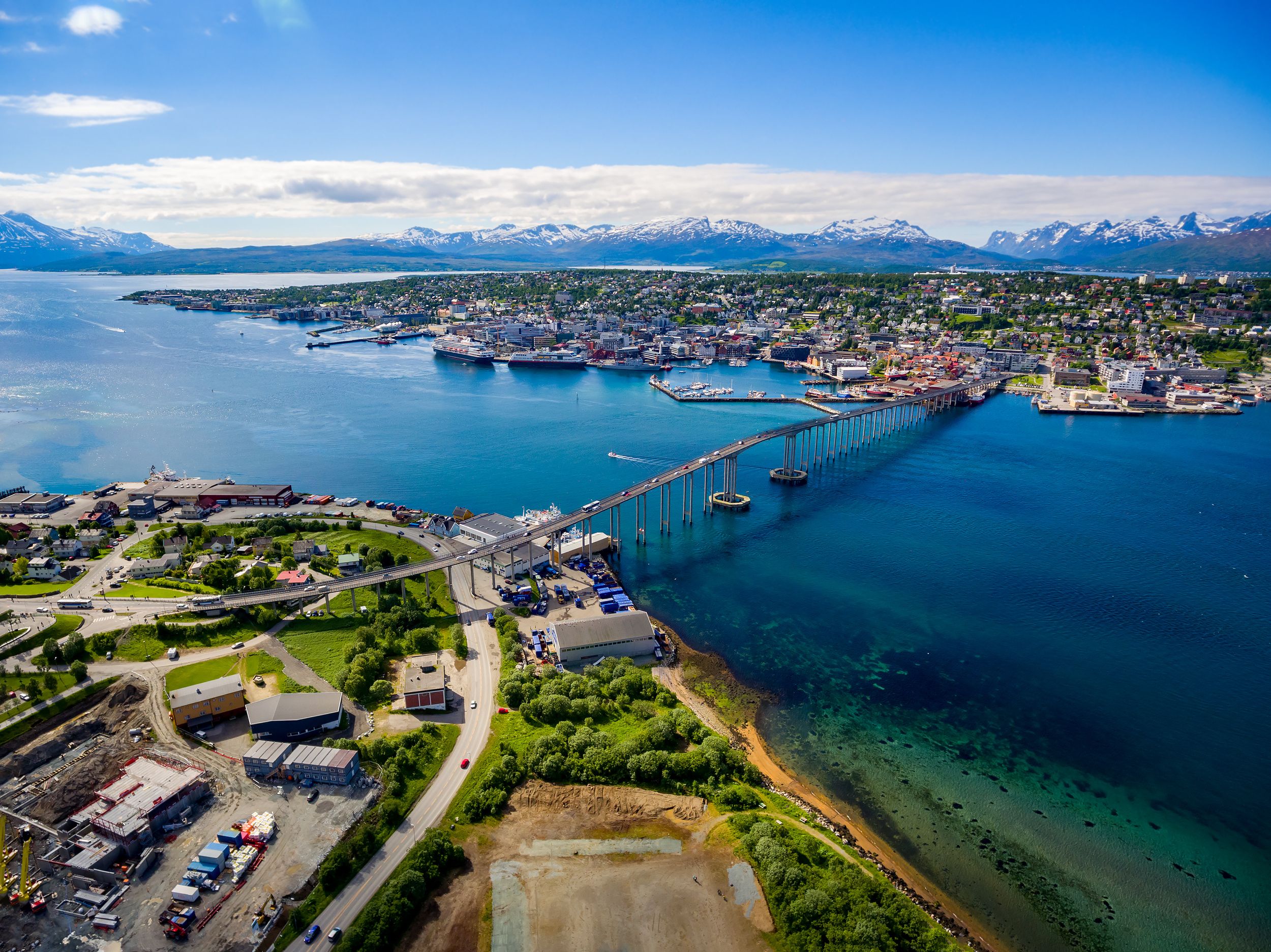 Bridge of city Tromso, Norway aerial photography. Tromso is considered