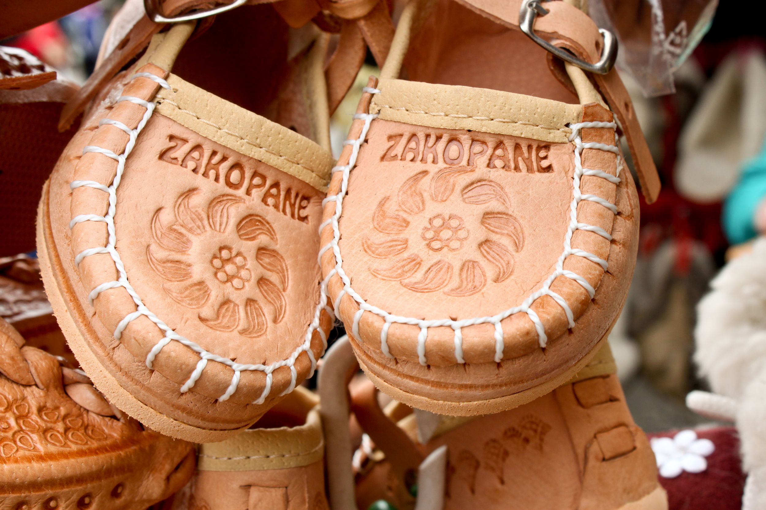 souvenir traditional leather shoes on the market in Zakopane, Poland