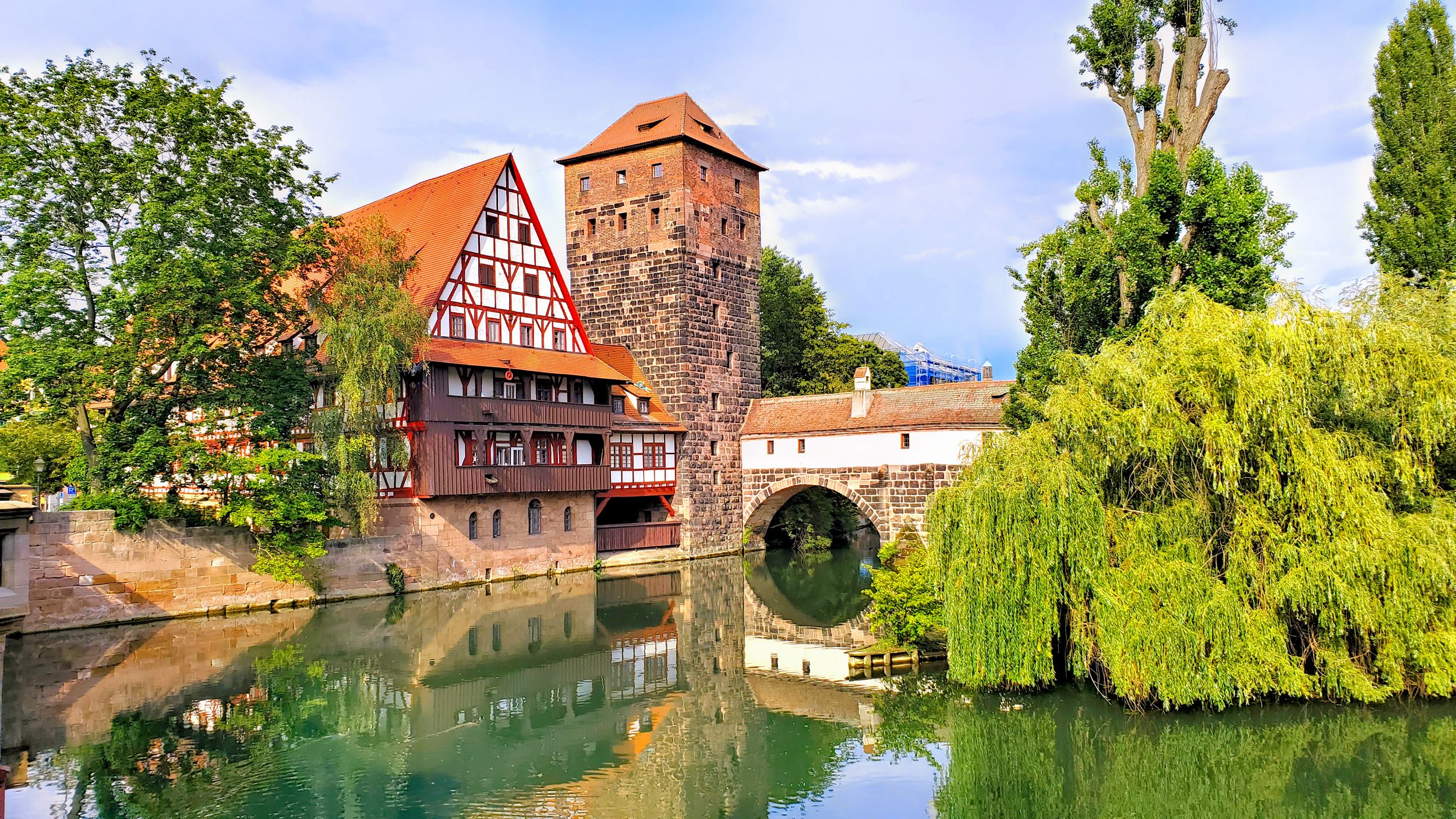 Nuremberg, Germany, beautiful old bridge with medieval tower and half 