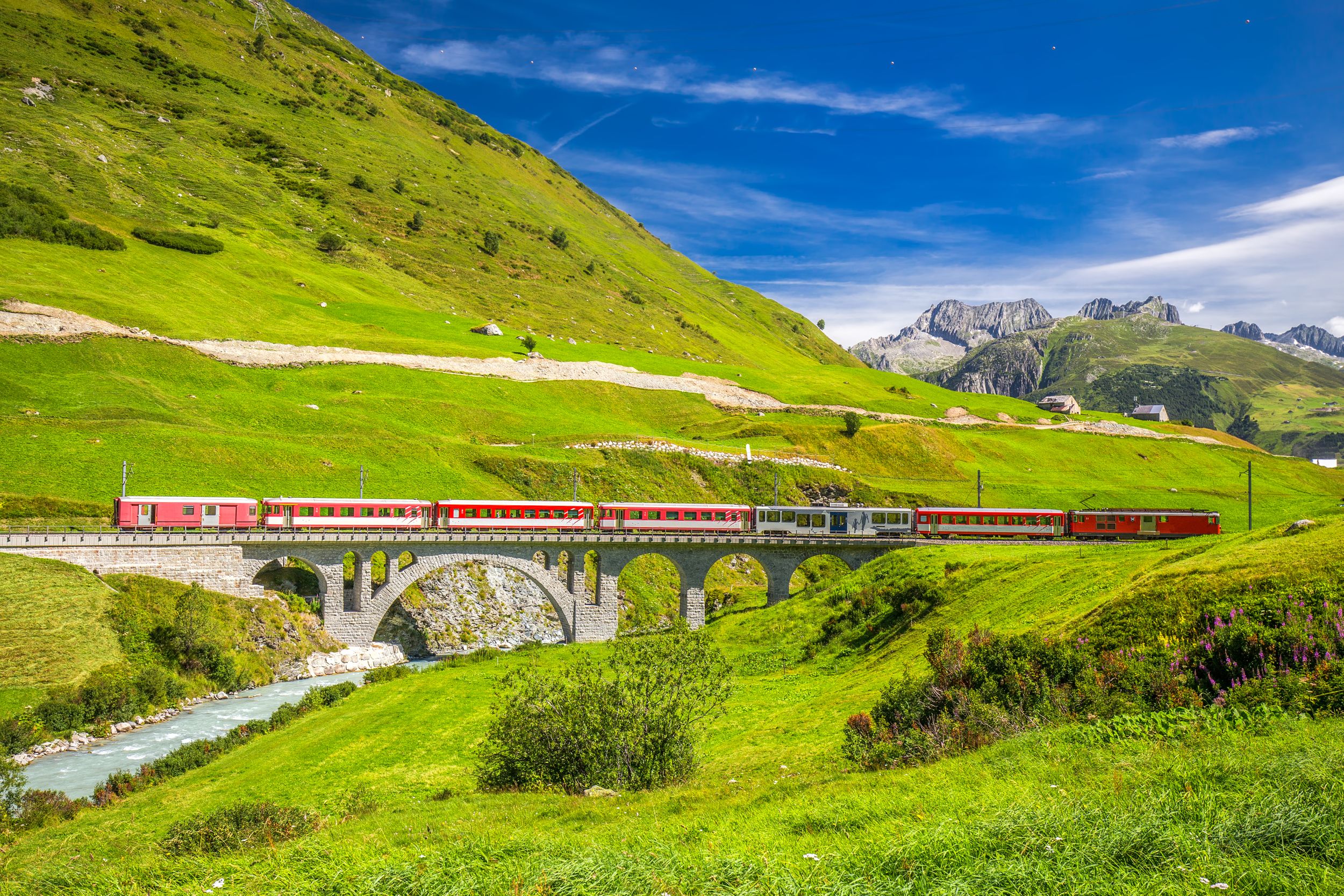 The Matterhorn - Gotthard - Bahn on the bridge viaduct near Andermatt.