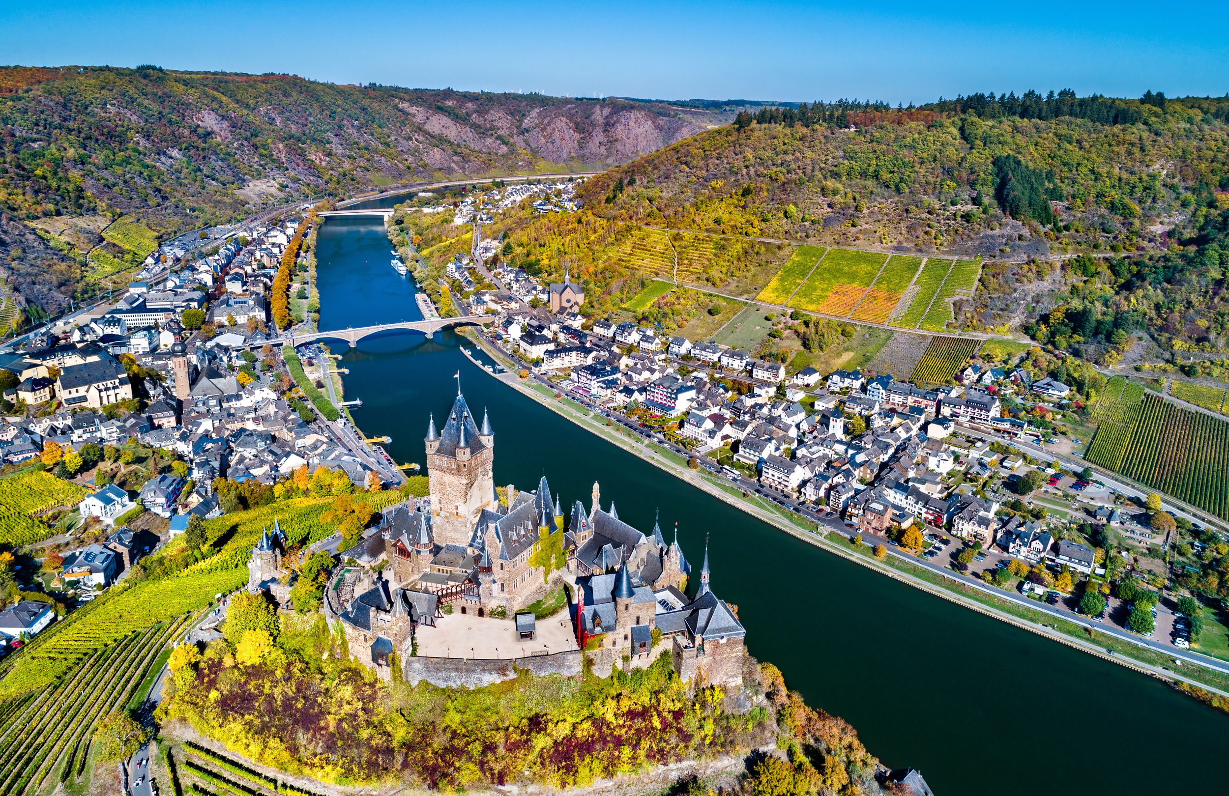 Aerial view of Reichsburg Cochem, a famous castle in Rhineland-Palatin