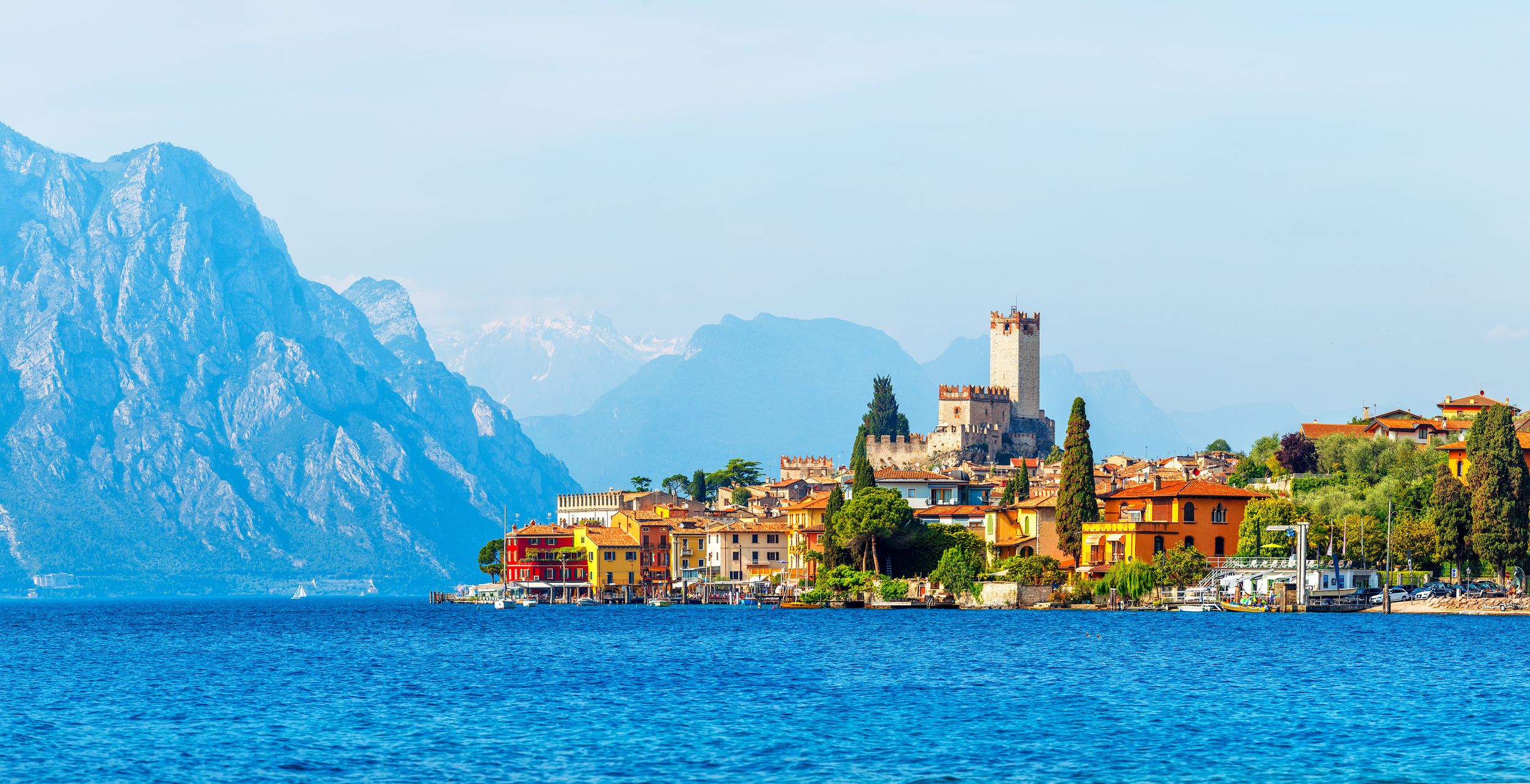 Ancient tower and fortress in old town Malcesine at Garda lake, Veneto