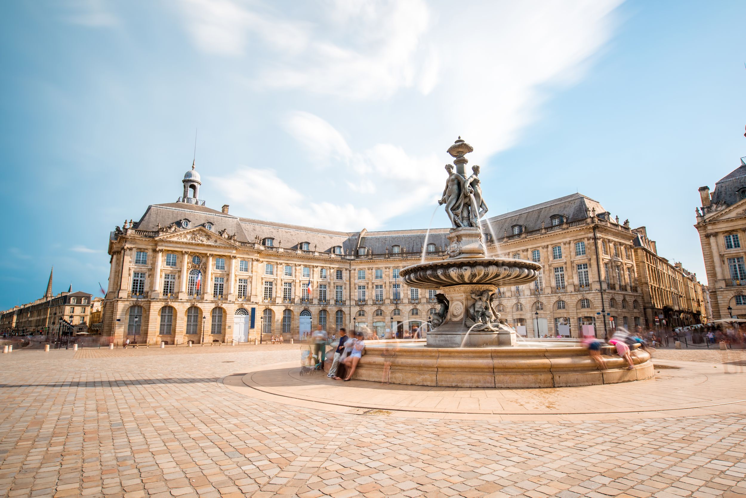 View on the famous La Bourse square with fountain in Bordeaux city, Fr