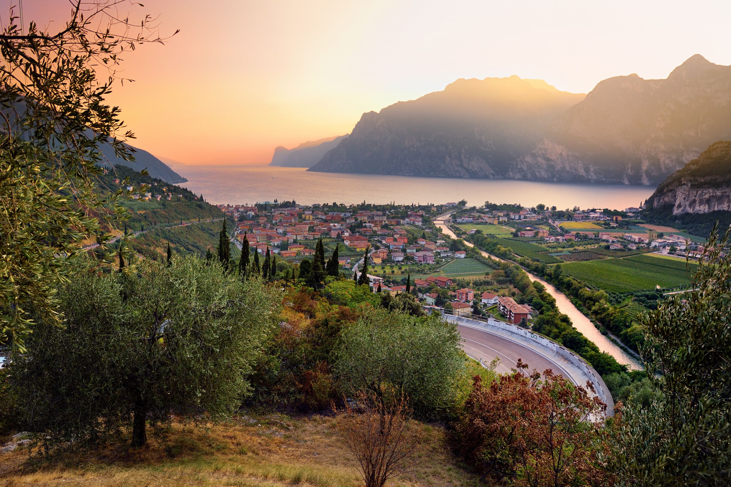 Scenic aerial view of Riva del Garda town, located on a shore of Garda
