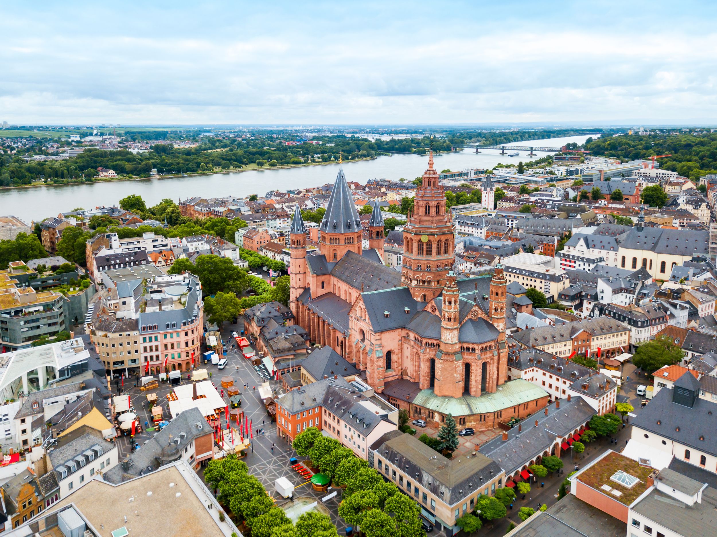 Mainz Cathedral aerial panoramic view, located at the market square of