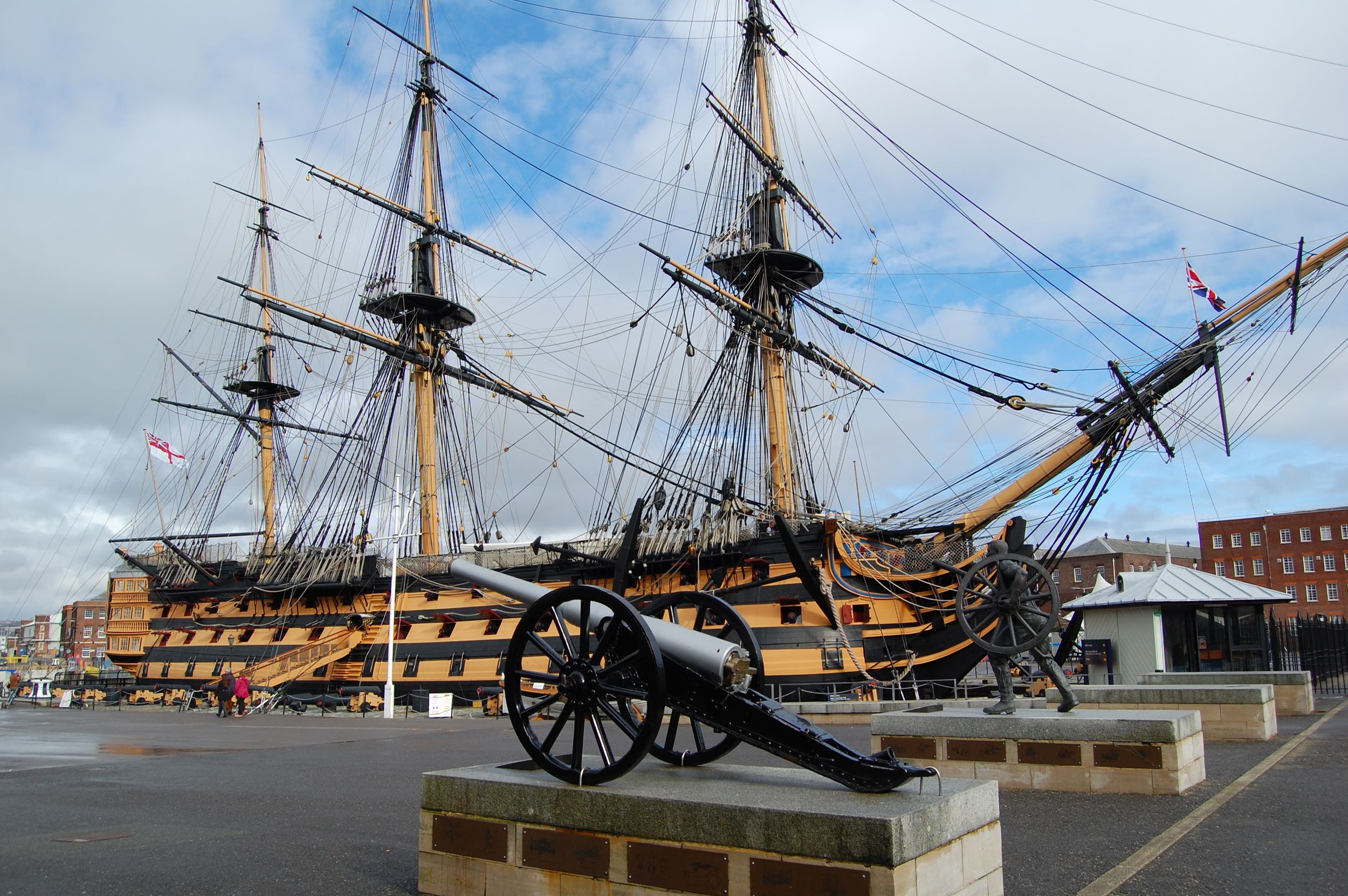 Exterior view of the HMS Victory in harbor in Portsmouth