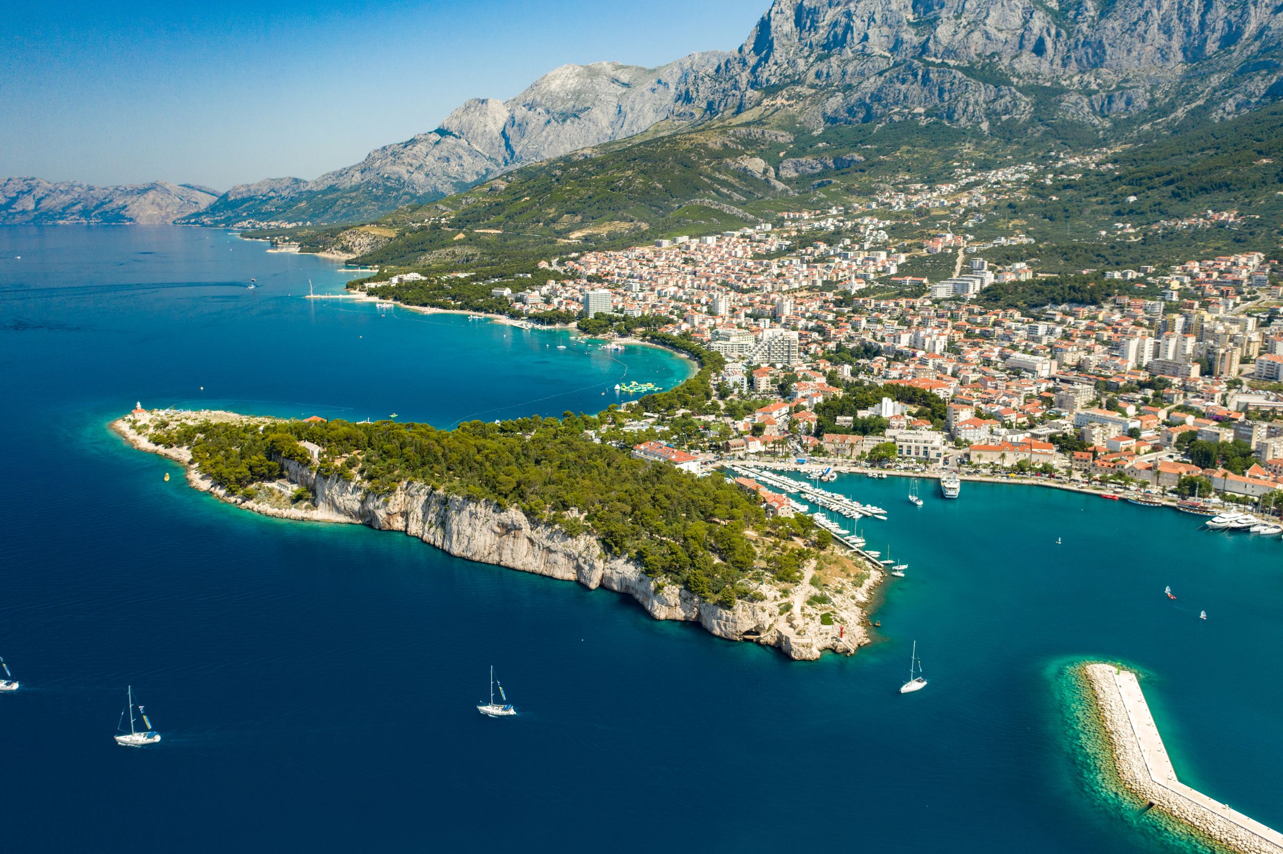 An aerial view of Makarska, a beautiful city located in Croatia