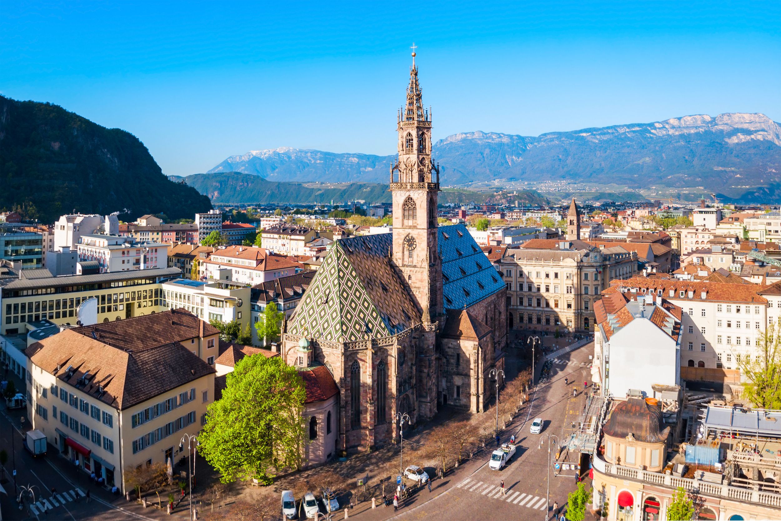 Bolzano Cathedral or Duomo di Bolzano aerial panoramic view, located i