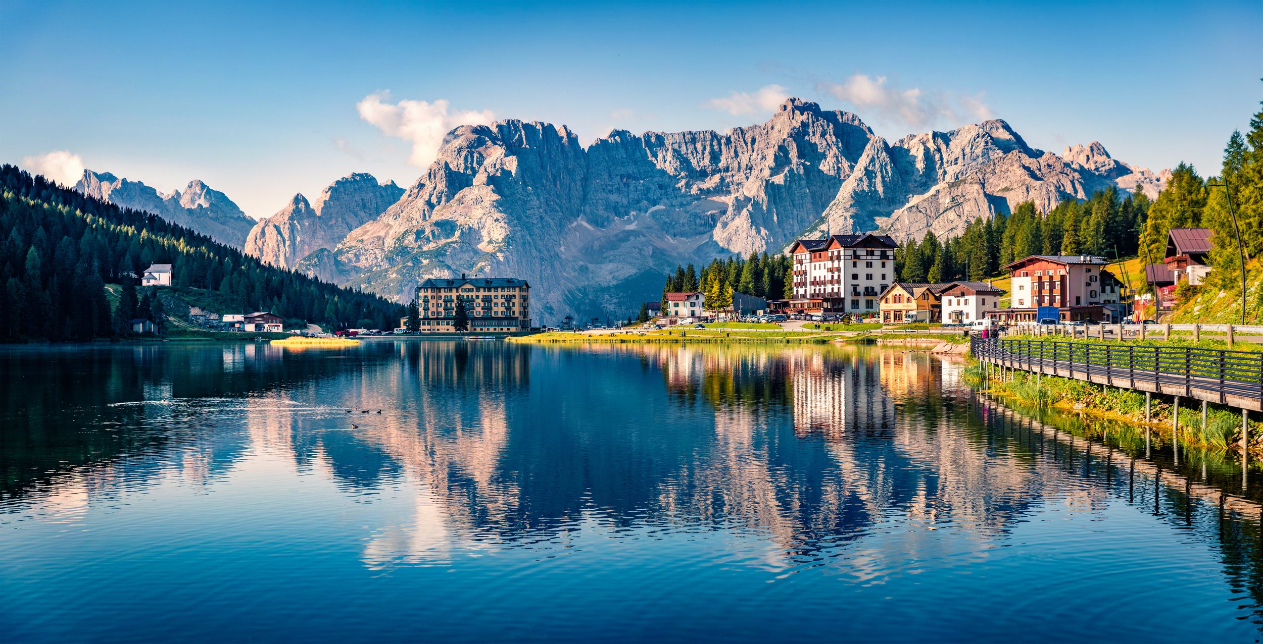 Panoramic morning view of Misurina village, National Park Tre Cime di 