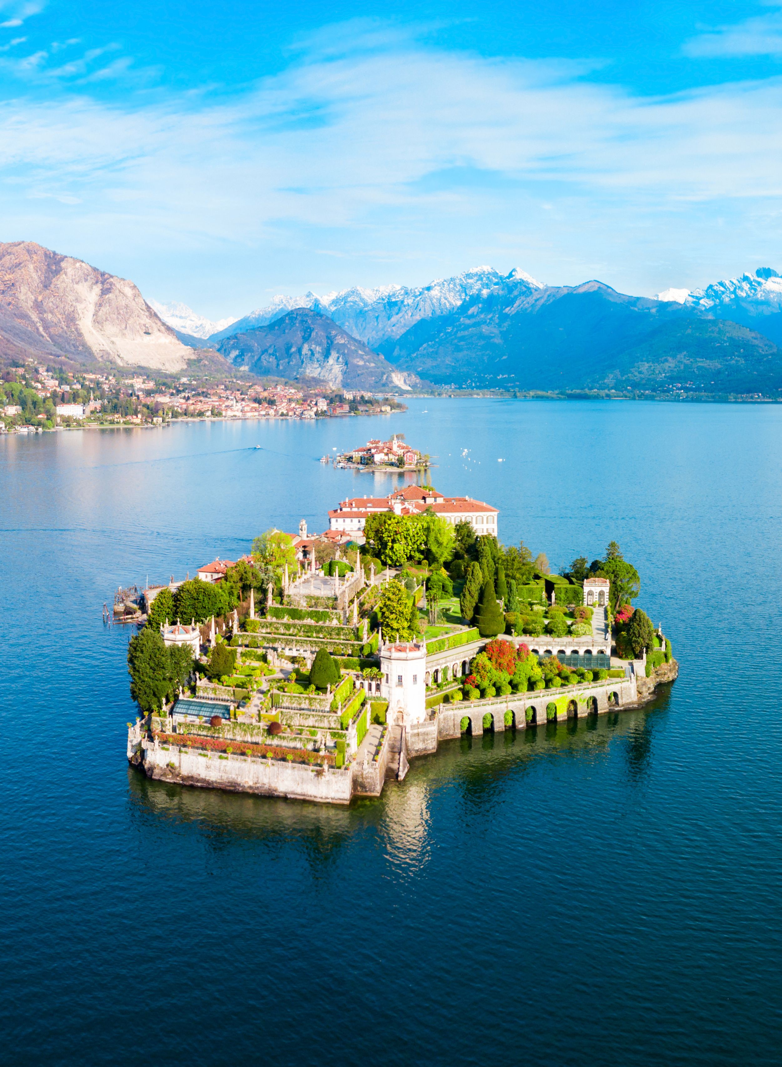 Isola Bella and Stresa town aerial panoramic view. Isola Bella is one