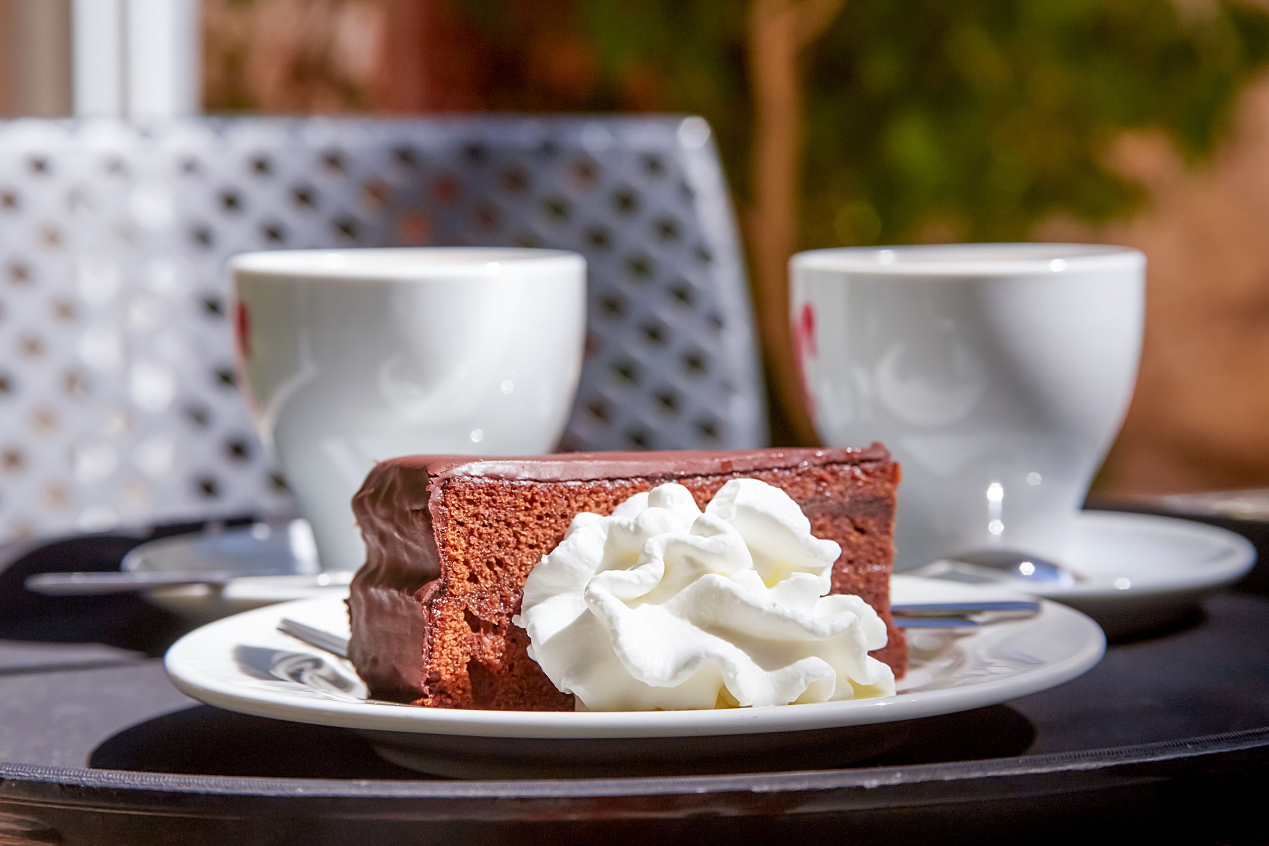Apricot and chocolate Sacher cake with whipped cream. Sachertorte is a