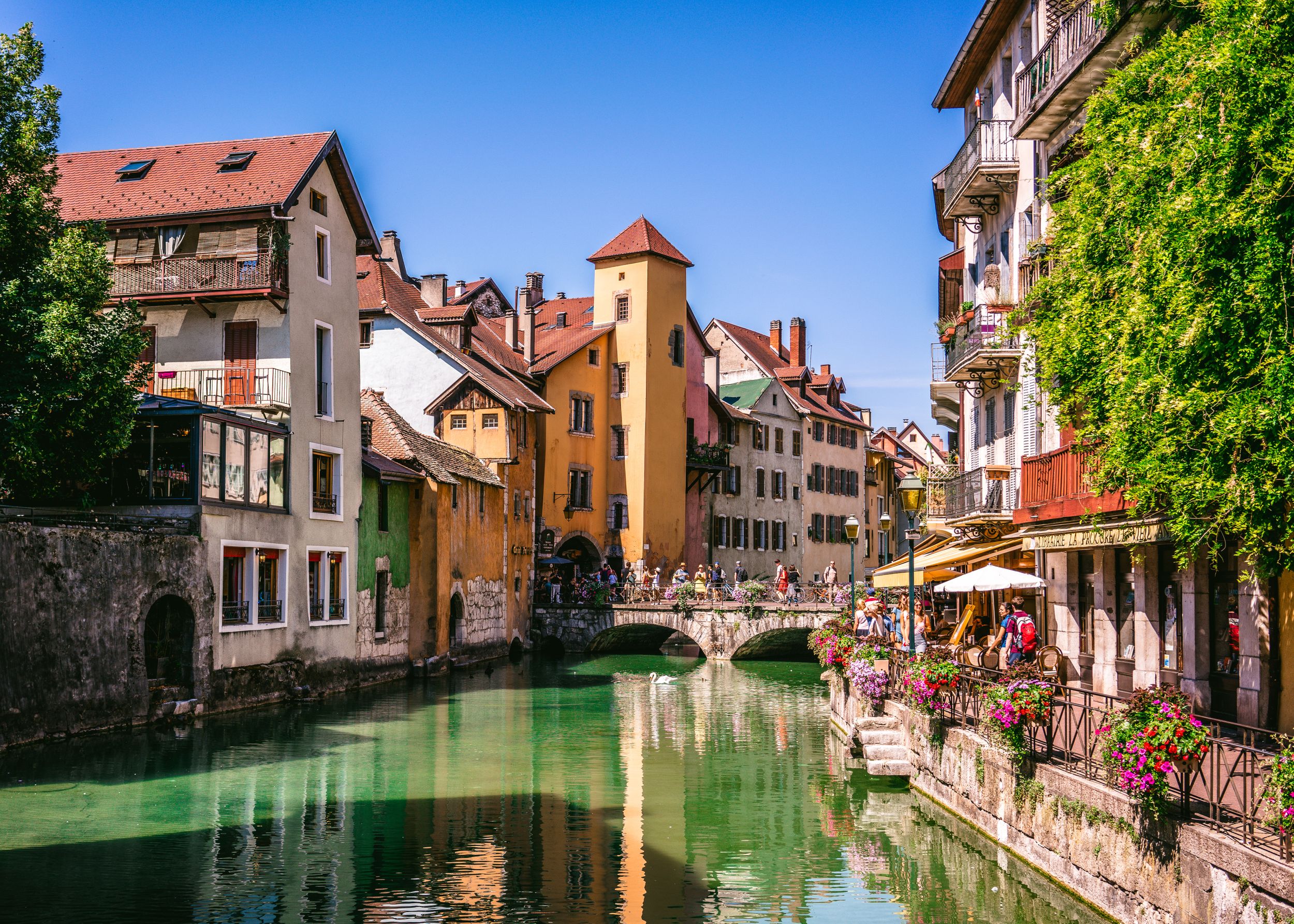 7 August 2018, Annecy France : Annecy old town cityscape and Thiou riv