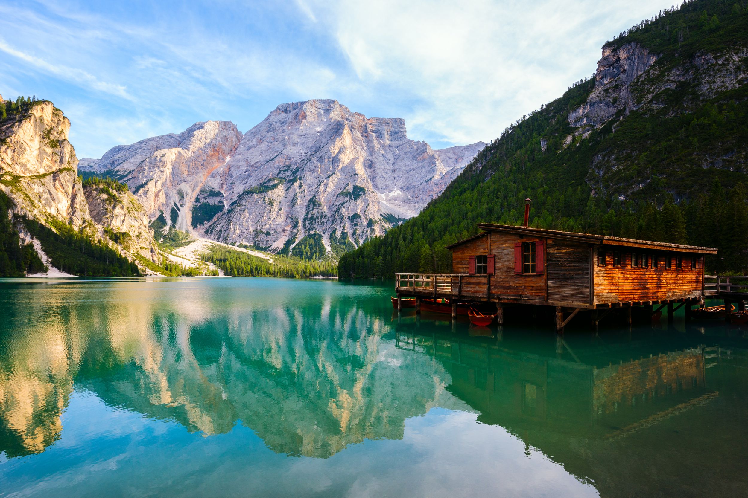 Braies Lake ( Pragser Wildsee ) in Dolomites mountains, Sudtirol, Ital