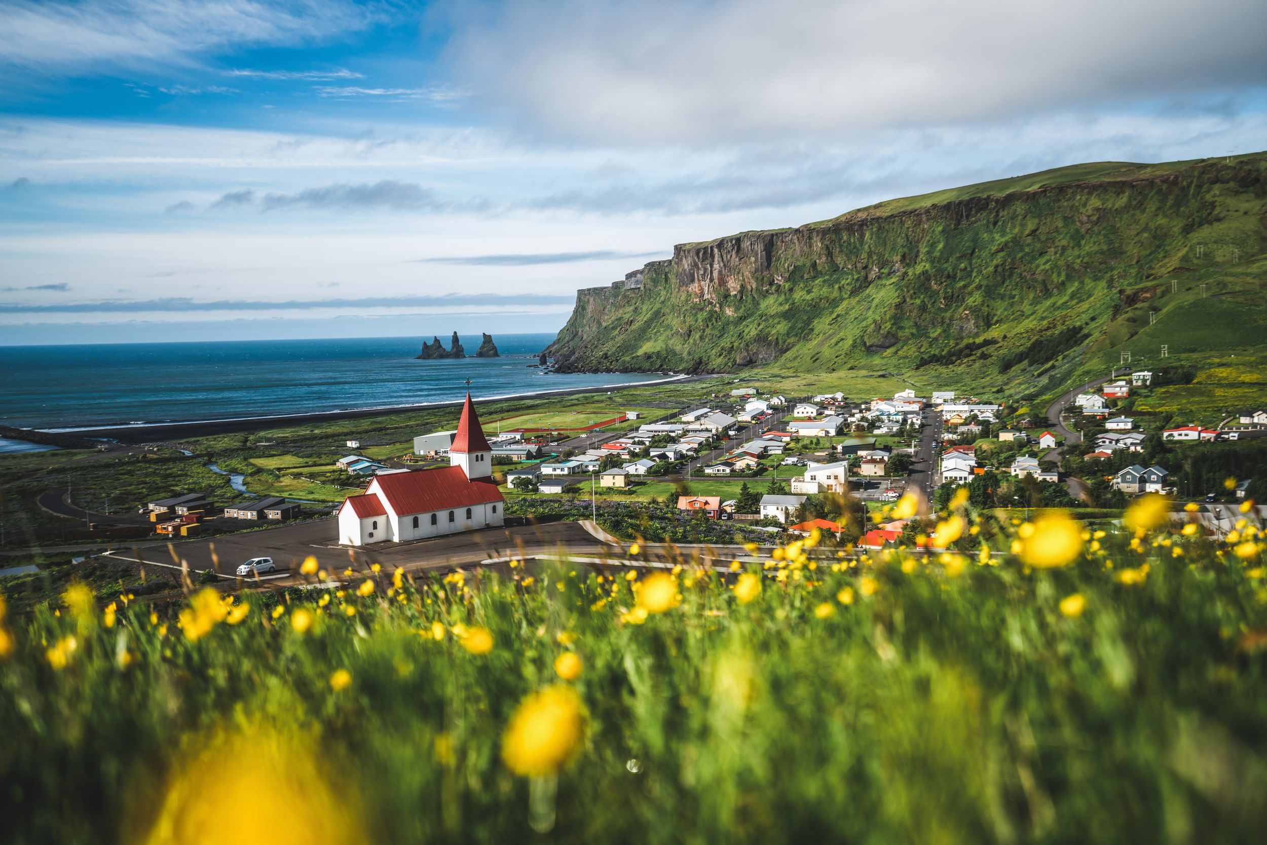 Beautiful town of Vik i Myrdal in Iceland in summer. The village of Vi