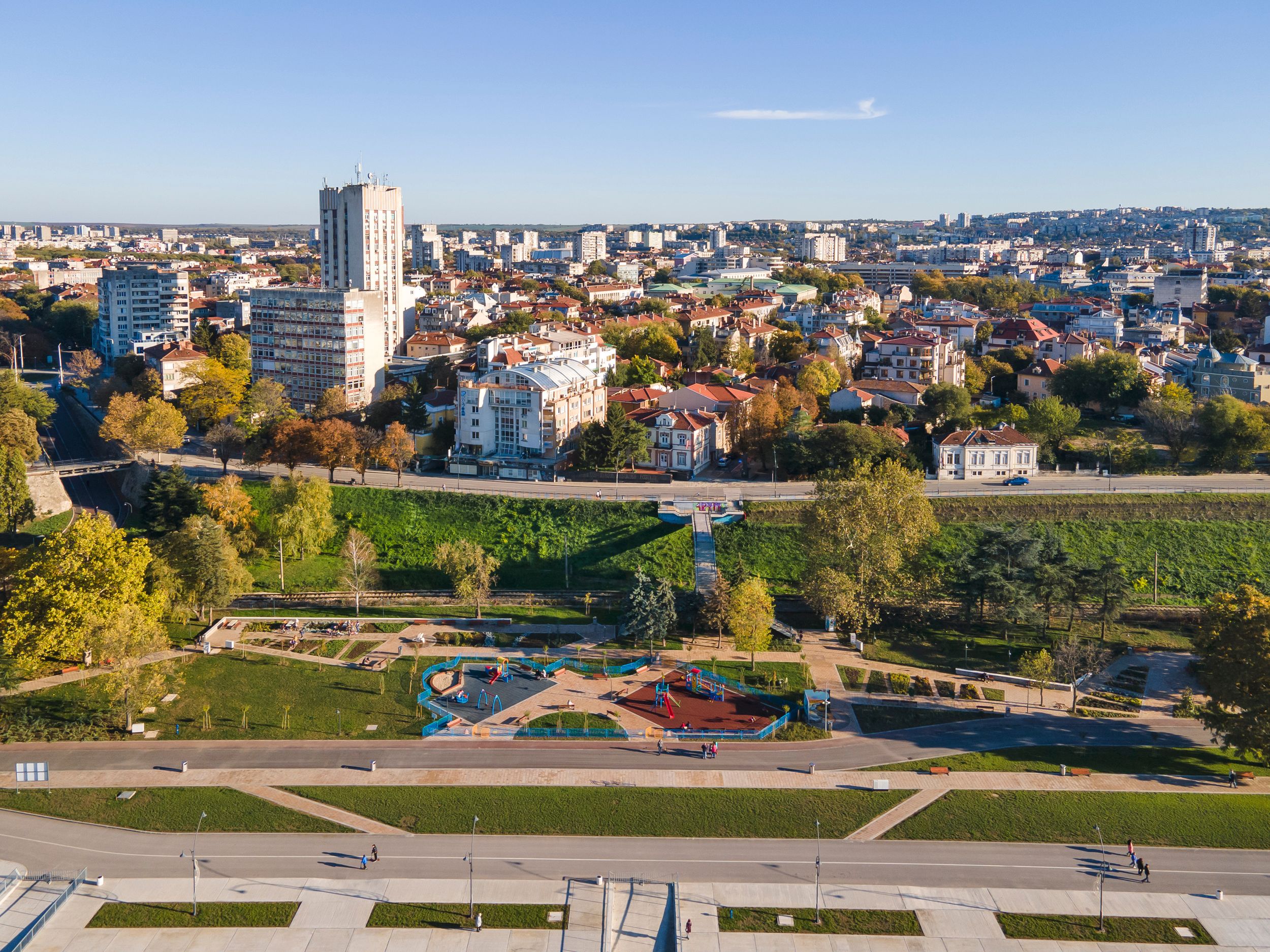 Aerial view of Danube River and City of Ruse, Bulgaria