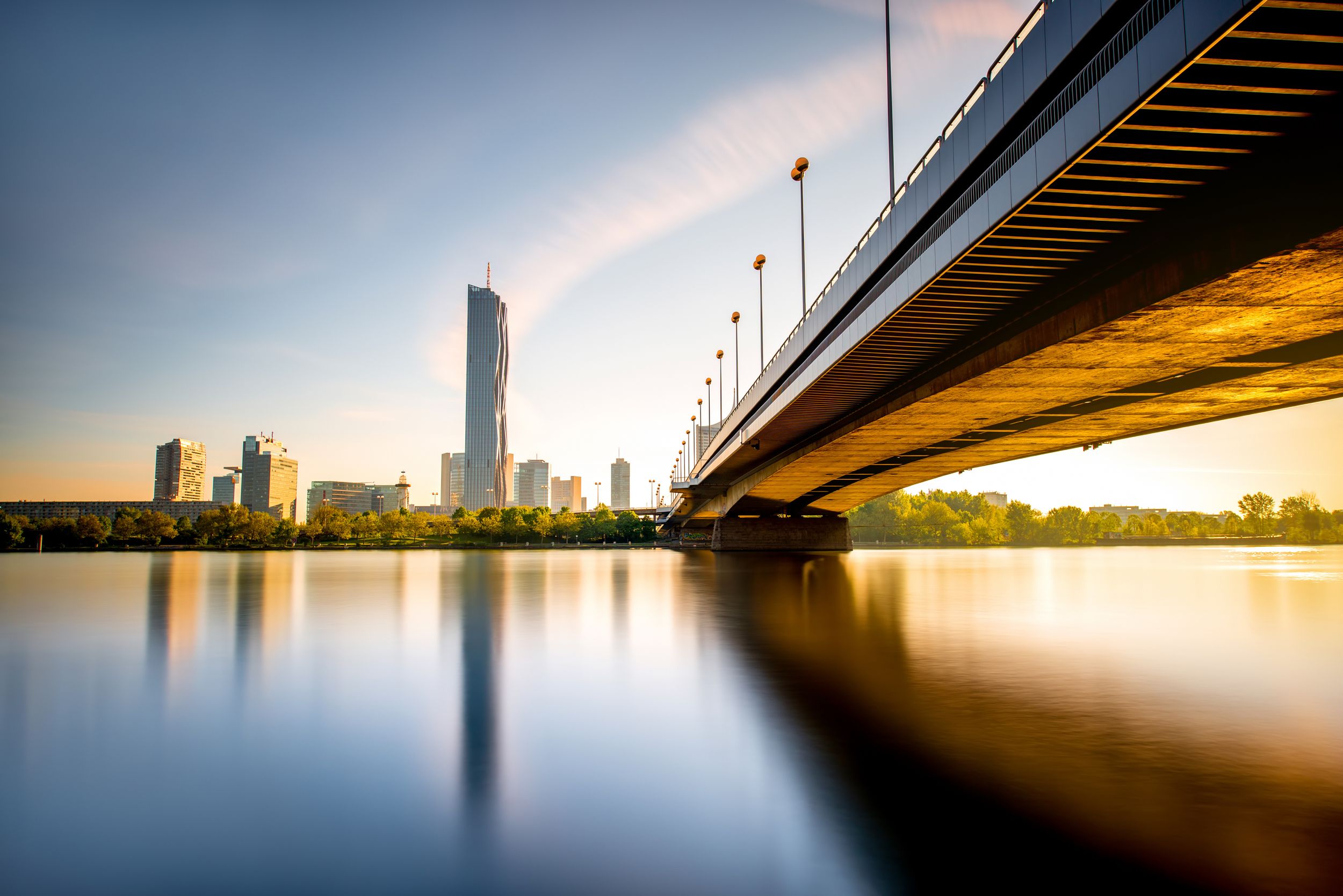 View on Donaucity with bridge in Vienna in the morning. Wide angle ima