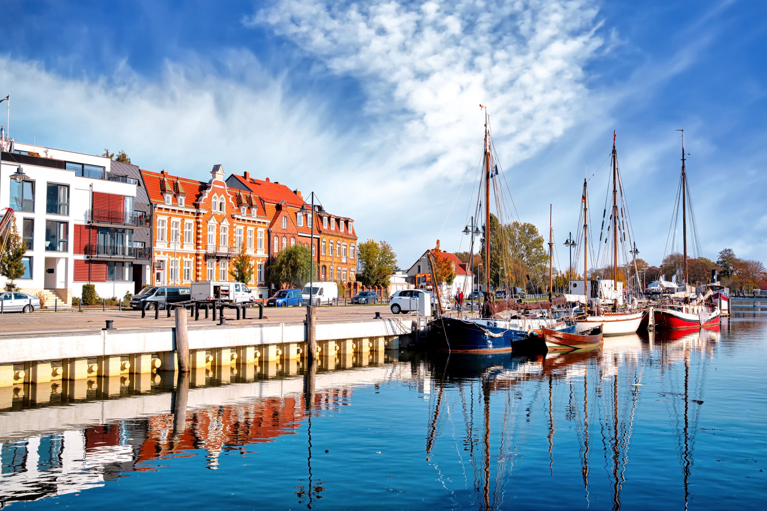 The harbor with sailboats in historic city Greifswald, Germany