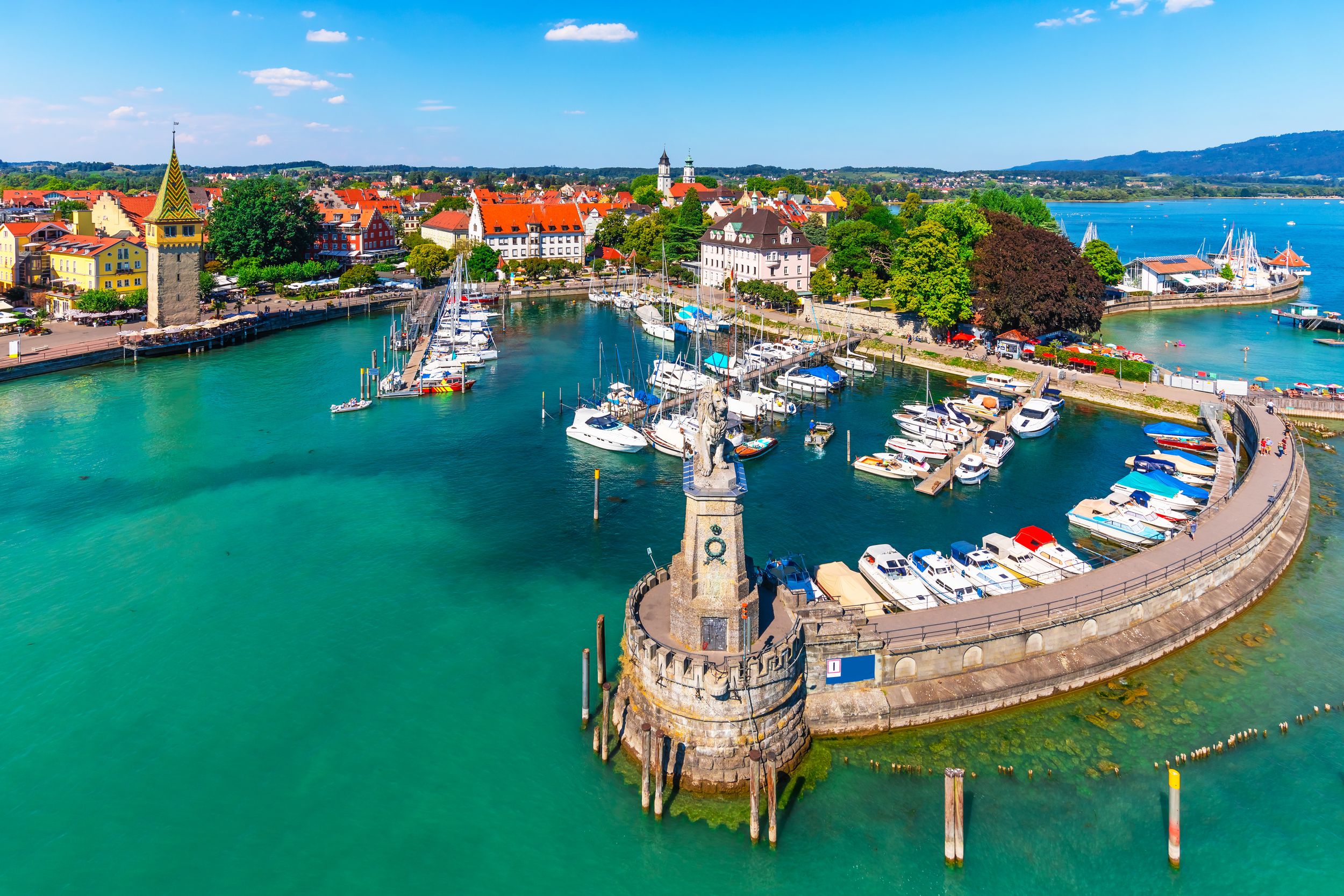 Scenic summer aerial view of the Old Town pier architecture in Lindau,