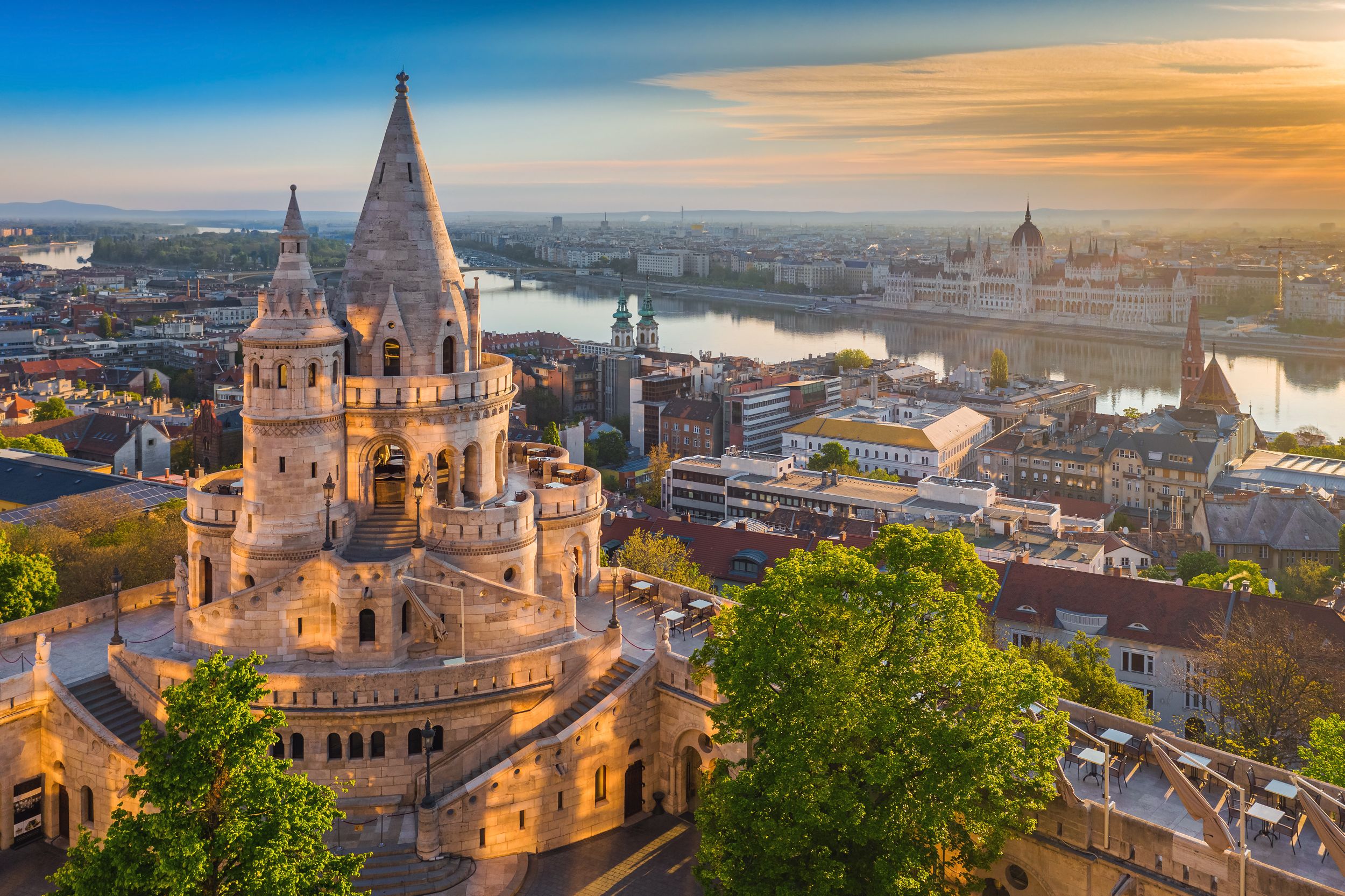 Budapest, Hungary - Beautiful golden summer sunrise with the tower of