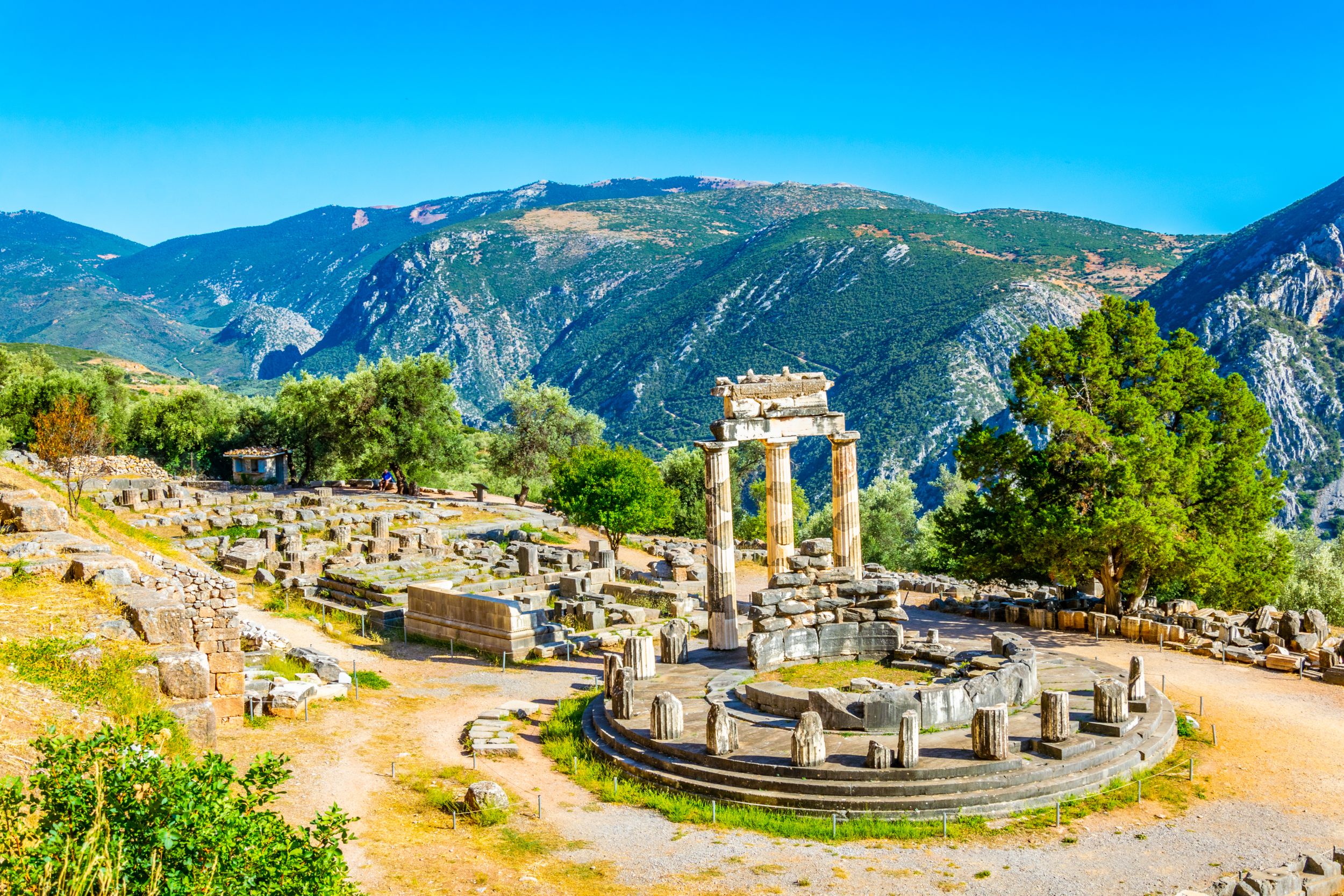 Ruins of temple of Athena Pronaia at Delphi, Greece