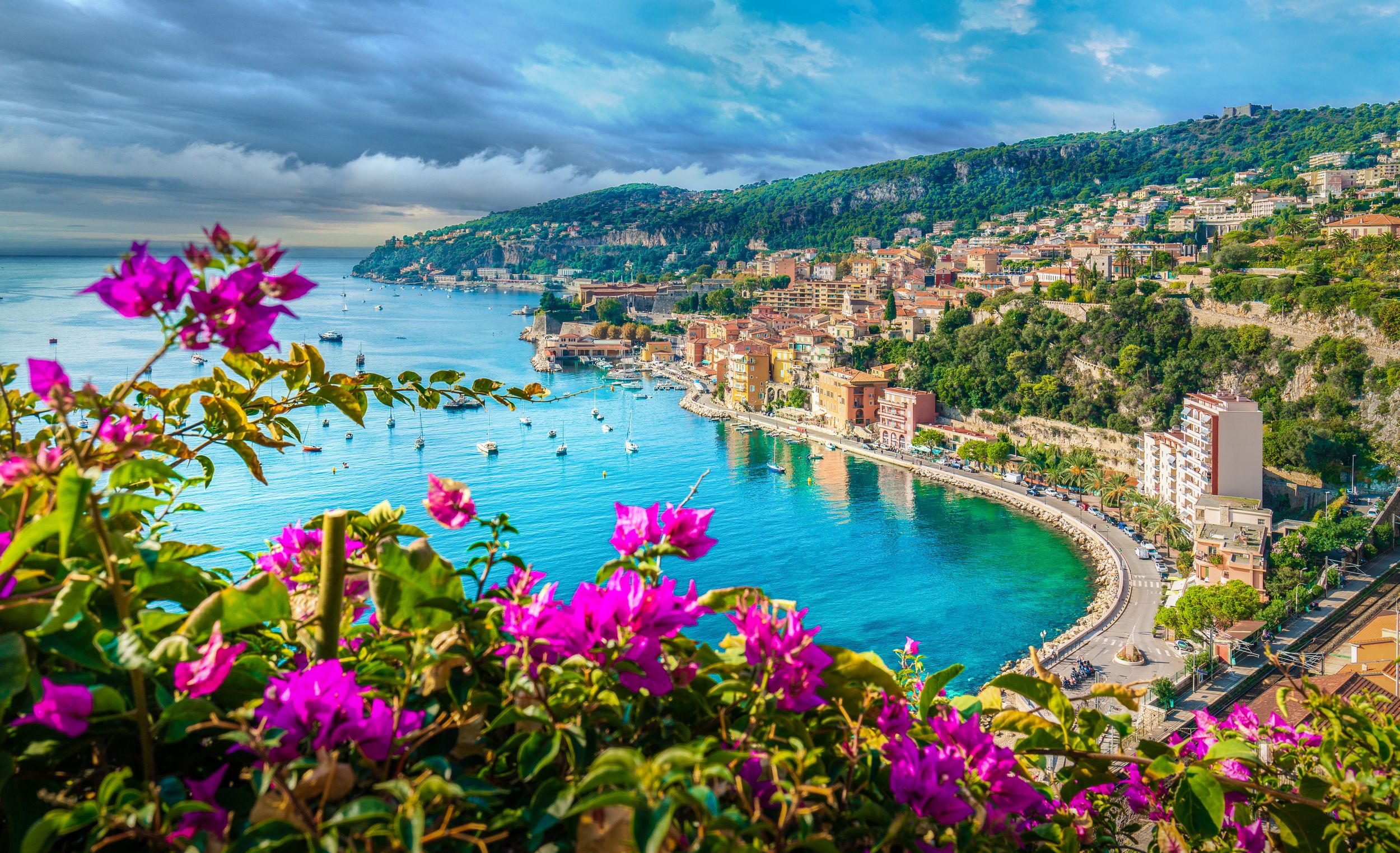 French Riviera coast with medieval town Villefranche sur Mer, Nice reg