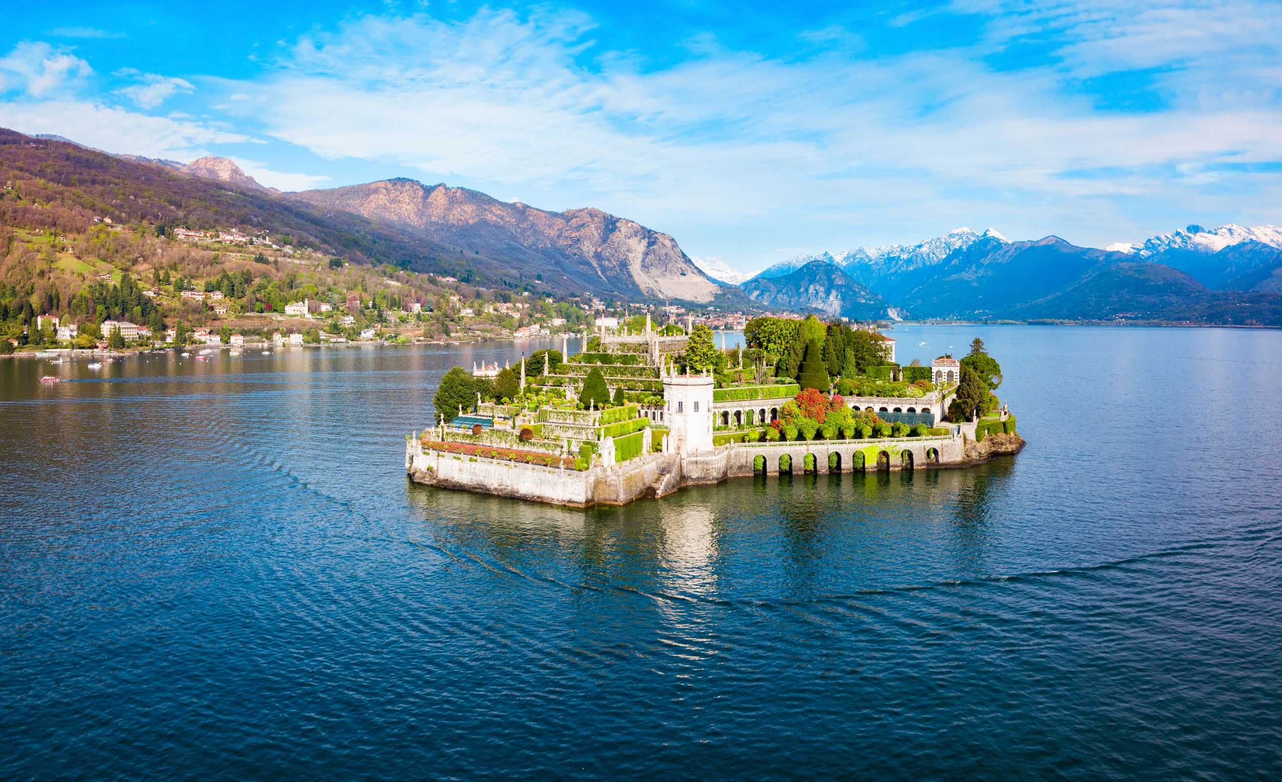 Isola Bella and Stresa town aerial panoramic view. Isola Bella is one 