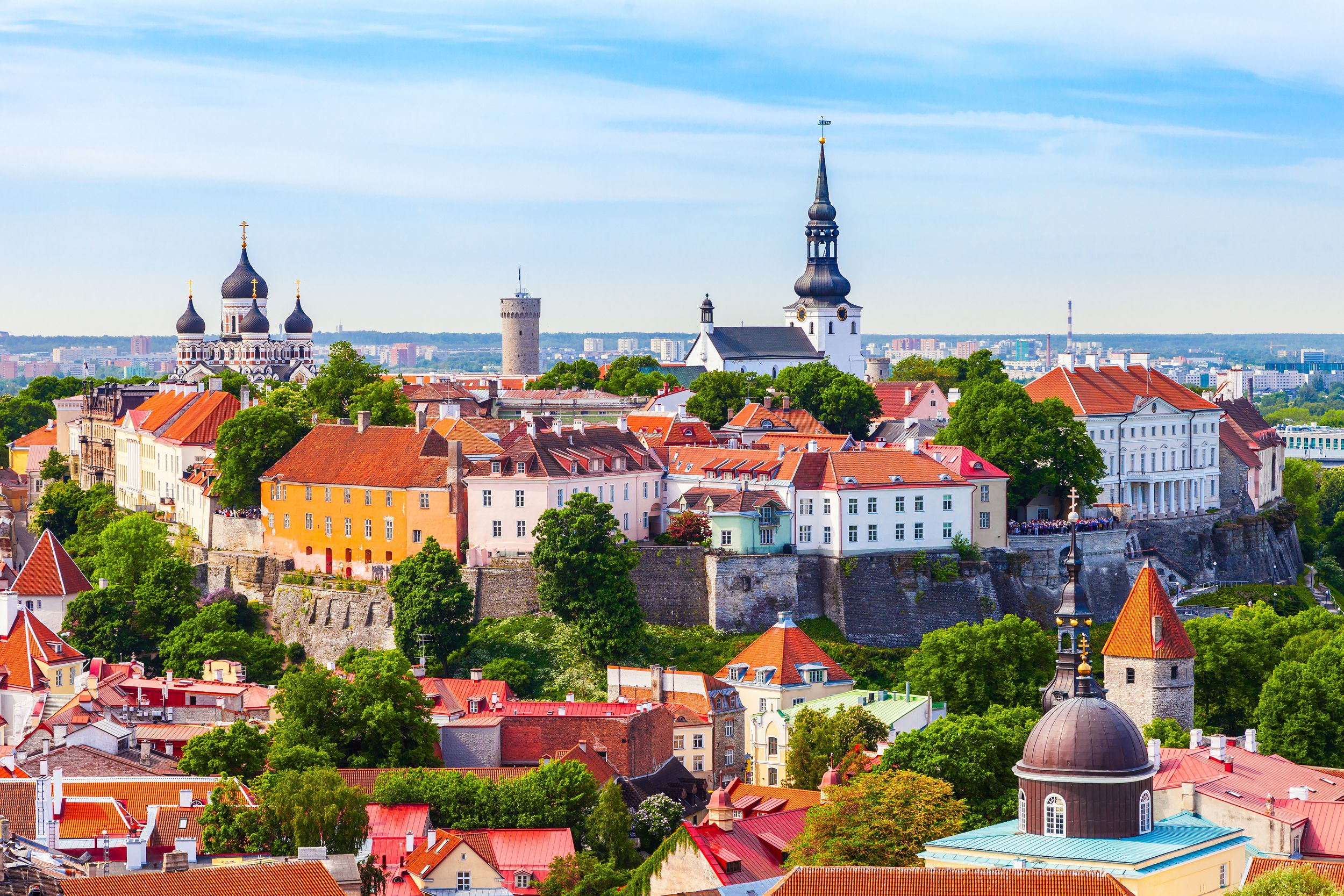 View from tower of Saint Olaf Church on old city of Tallinn and roofs