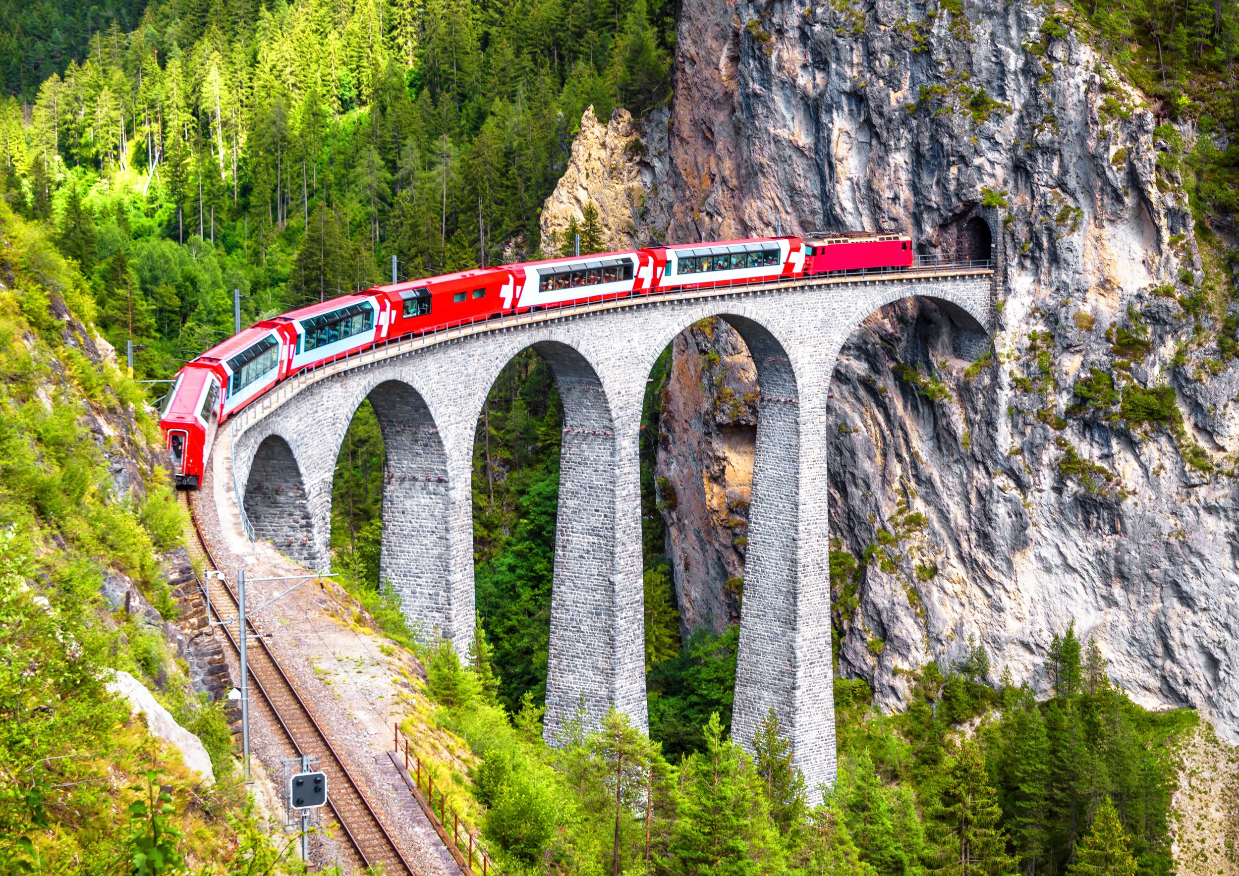 Landwasser Viaduct in Filisur, Switzerland. It is landmark of Swiss Al