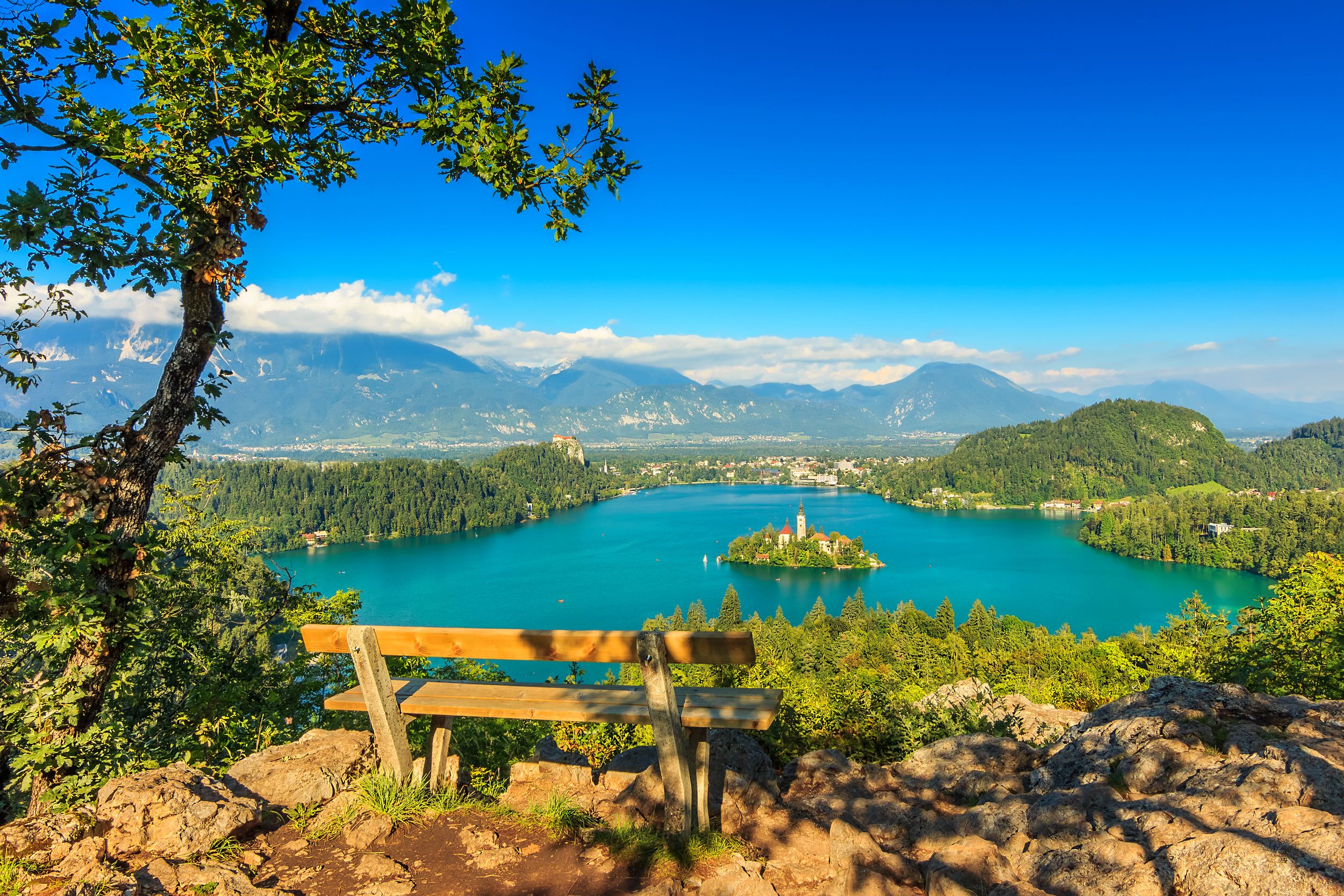 Lake Bled with St Marys church on the small island,Bled,Slovenia,Europ