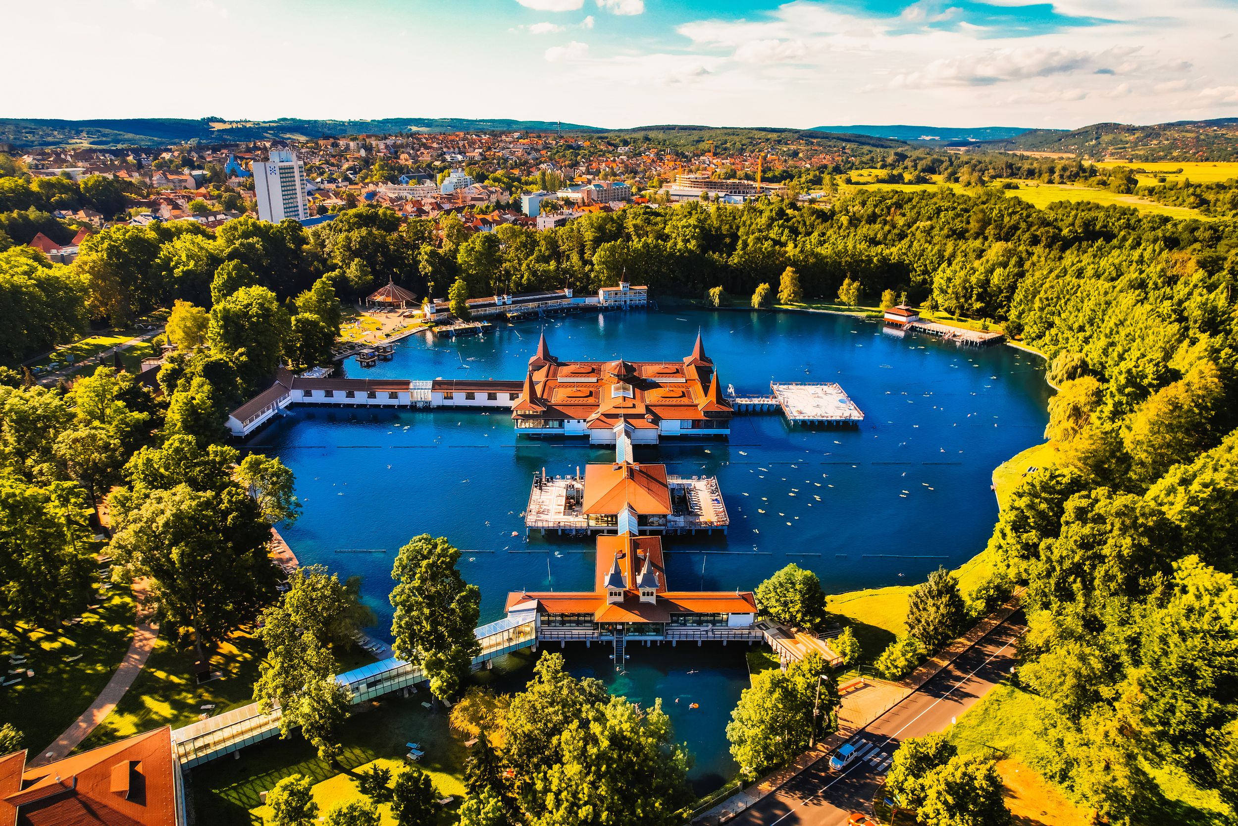 Aerial view of the famous Lake Heviz in Hungary, near the lake Balaton