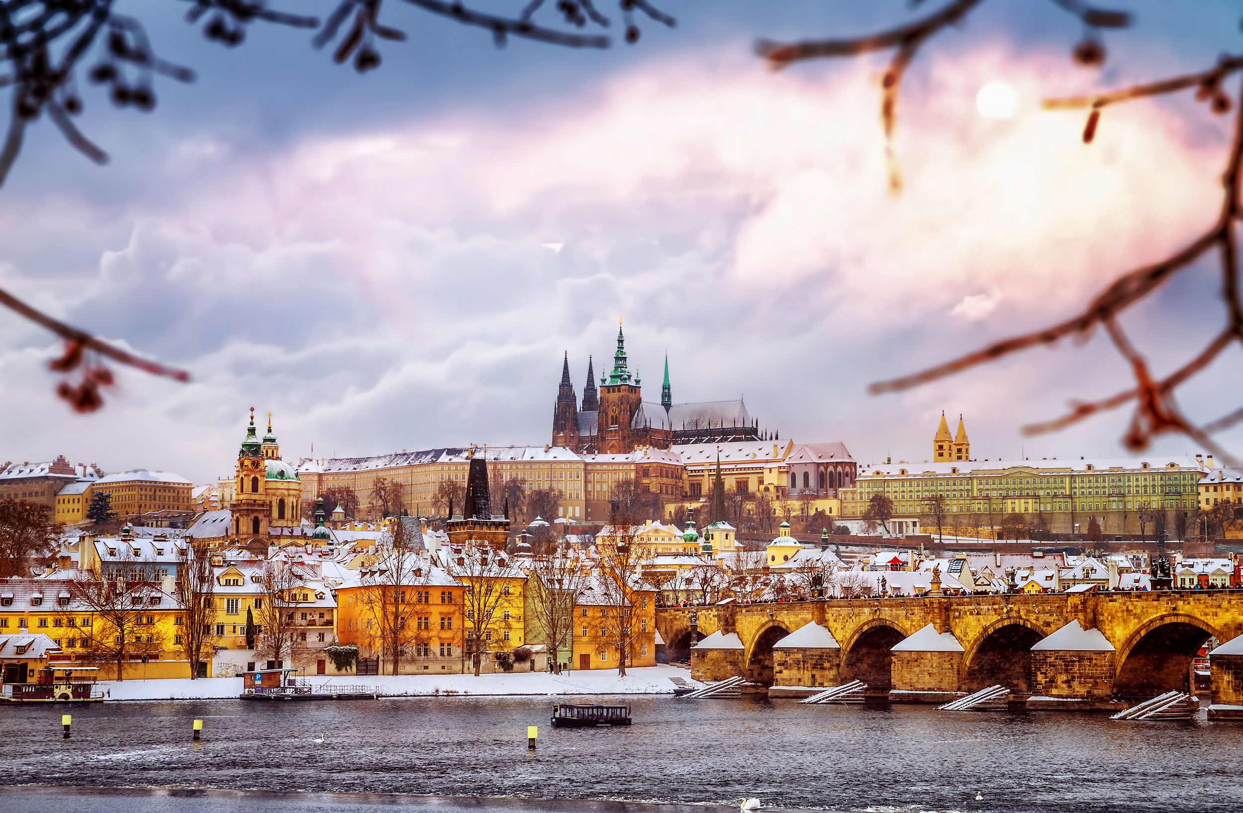Beautiful Prague in winter, Charles bridge over Vltava river, Czech re