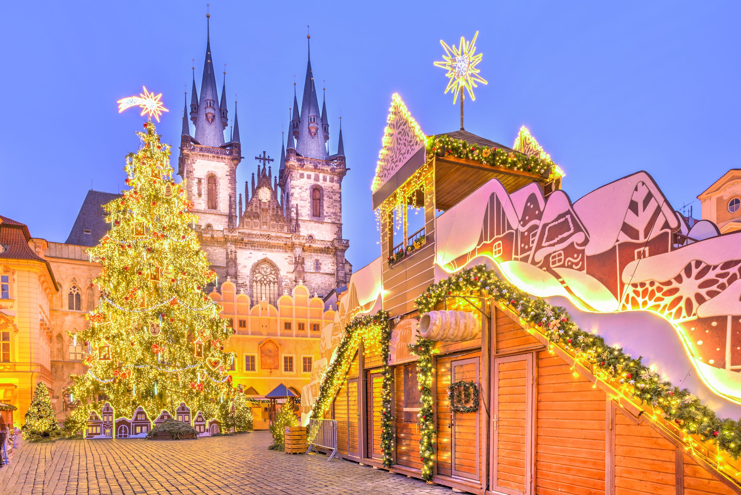 Christmas tree and fairy tale Church of our Lady Tyn in Prague, Czech 